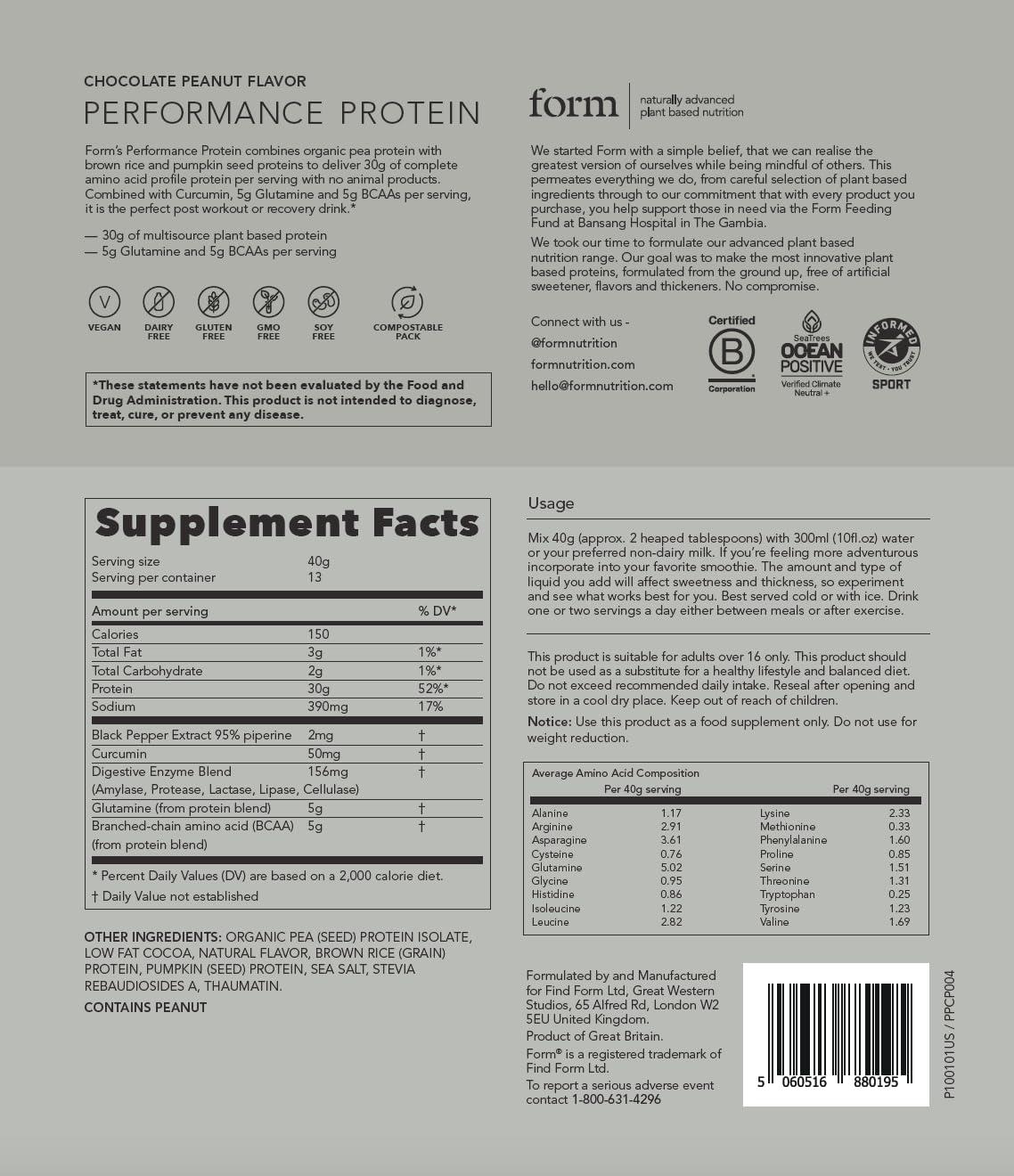 Form Form Performance Protein - Vegan Protein Powder - 30g of Plant Based Protein per Serving, with BCAAs. Perfect Post Workout. Tastes Great with Just Water! (Chocolate Peanut)