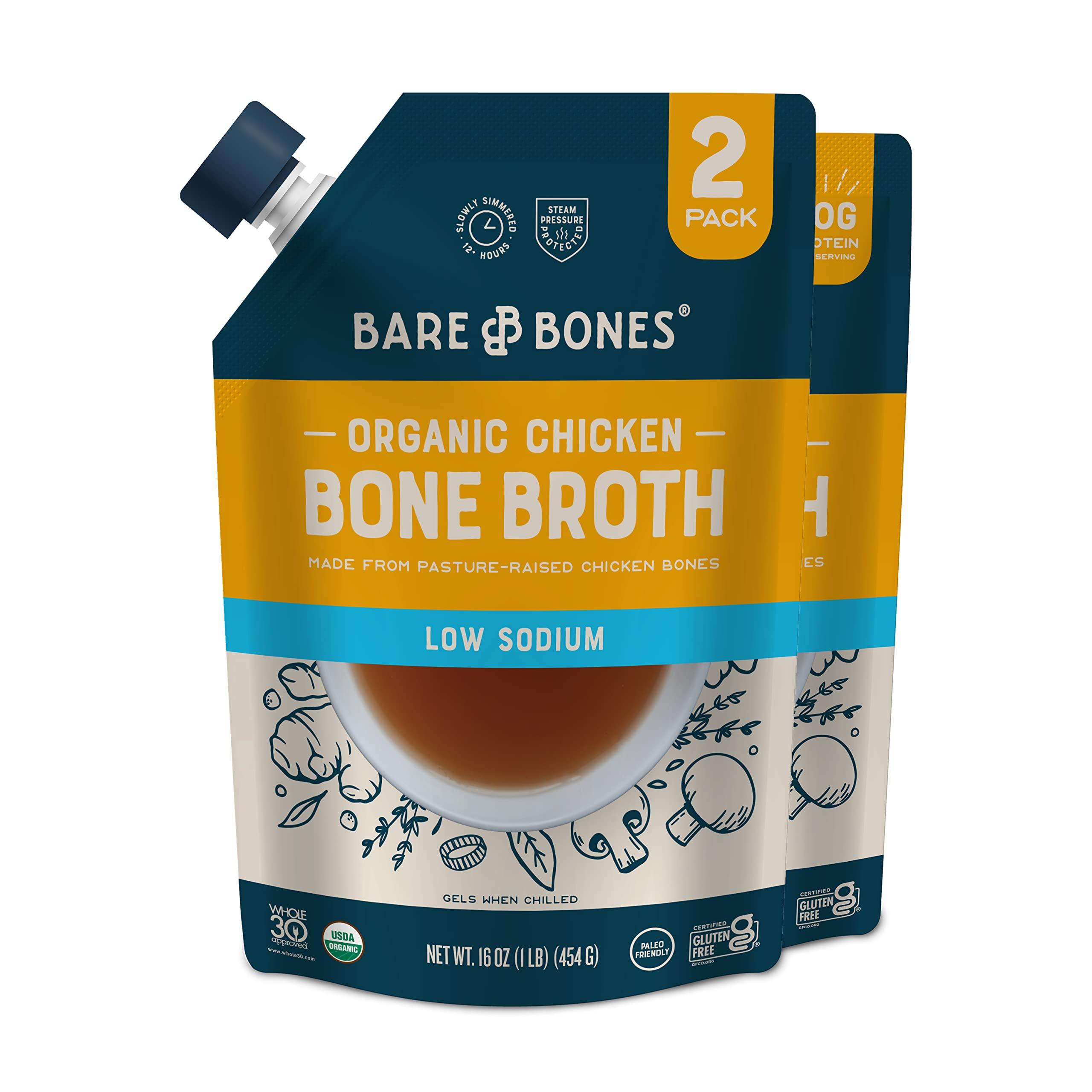 Bare Bones Bare Bones Low Sodium Chicken Bone Broth for Cooking and Sipping, 16 oz, Pack of 2, Organic, Protein and Collagen Rich, Keto Friendly, Less than 125mg of Sodium Per Cup