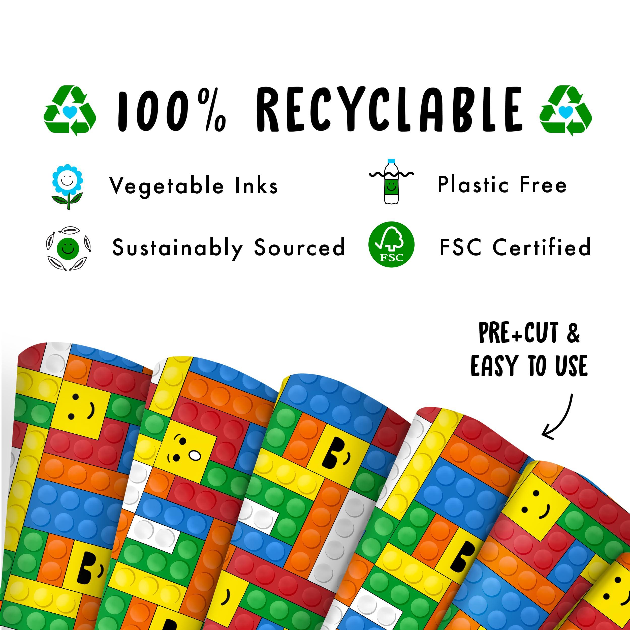 CENTRAL 23 CENTRAL 23 Colorful Wrapping Paper - Lego Building Blocks - 6 Sheets of Gift Wrap - Birthday Wrapping Paper for Kids - Christmas Wrapping Paper for Boys and Girls - Comes With Fun Stickers