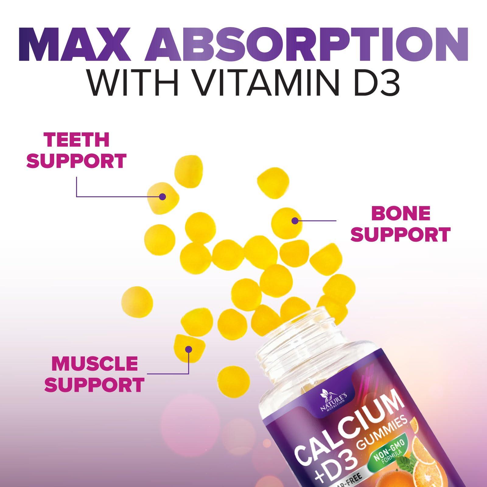 Nature\'s Nutrition Sugar Free Calcium Gummy Bites Plus 400 IU Vitamin D3, Bone Health & Immune Support, Supports Bone Strength - Chewable Calcium Nutrition Supplement, Non-GMO, Berry Flavor Chews - 60 Gummies
