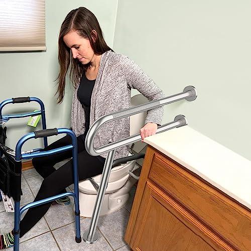 Munzong Toilet Support Rail 31.3X 31.5 Inch, Munzong Anti-Slip Satin Brushed Nickel Handicap Grab Bar for Bathroom, Stainless Steel Knurled Safety handrails with Leg for Elderly Disabled Pregnant-1.25Tube
