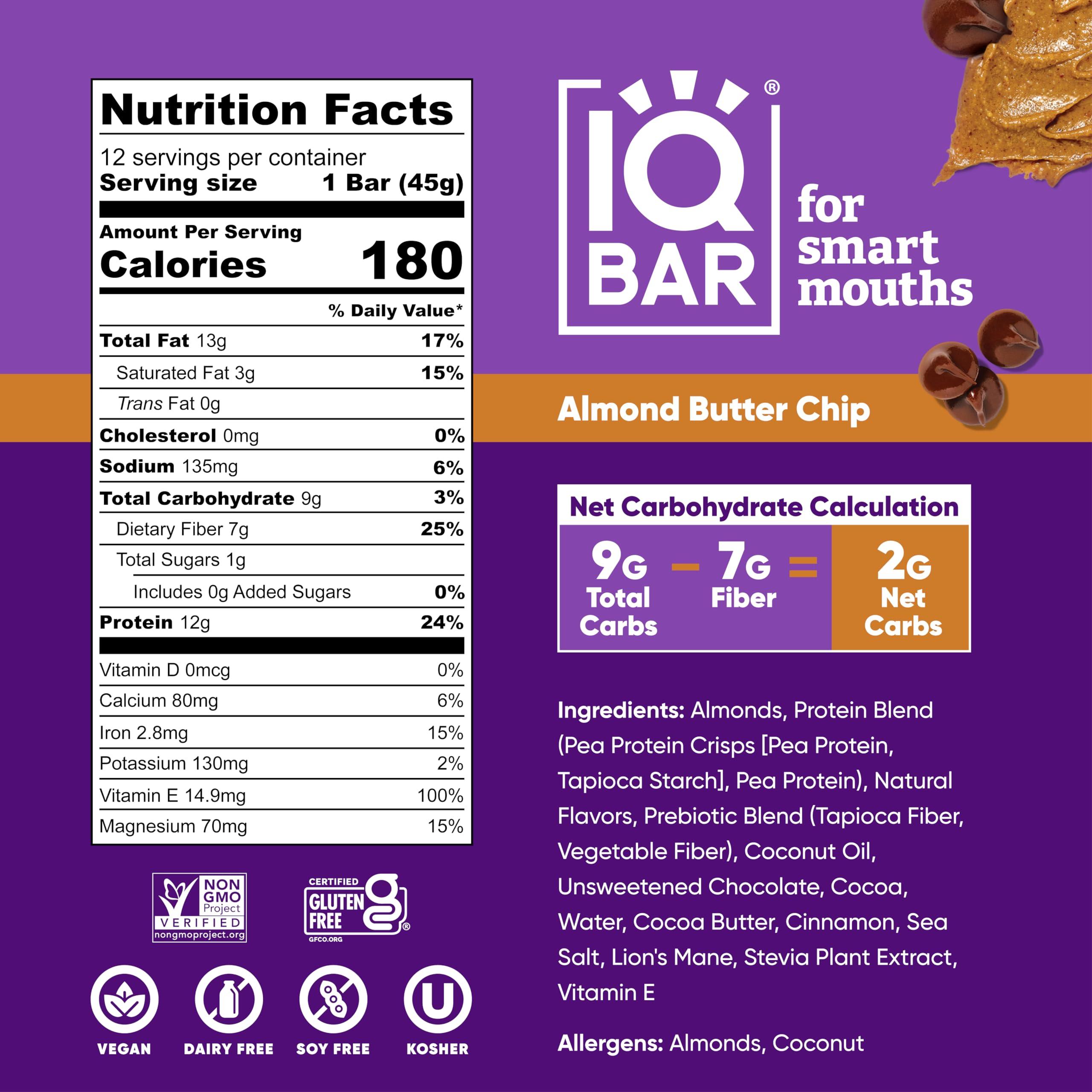 IQBAR IQBAR Brain and Body Keto Protein Bars - Chocolate Sea Salt and Almond Butter Chip - 12 Count Energy Bars - Low Carb Protein Bars - High Fiber Vegan Bars Low Sugar Meal Replacement Bars