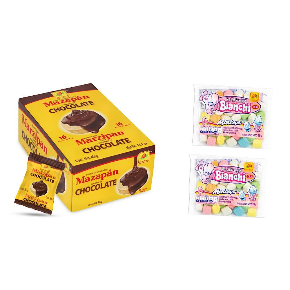 de la Rosa De la Rosa Original Chocolate Covered Mazapán Peanut Candy (16 pieces) and 2 mini marshmallow pockets, mazapán cubierto de chocolate 16 piezas y 2 paquetes de mini bombones