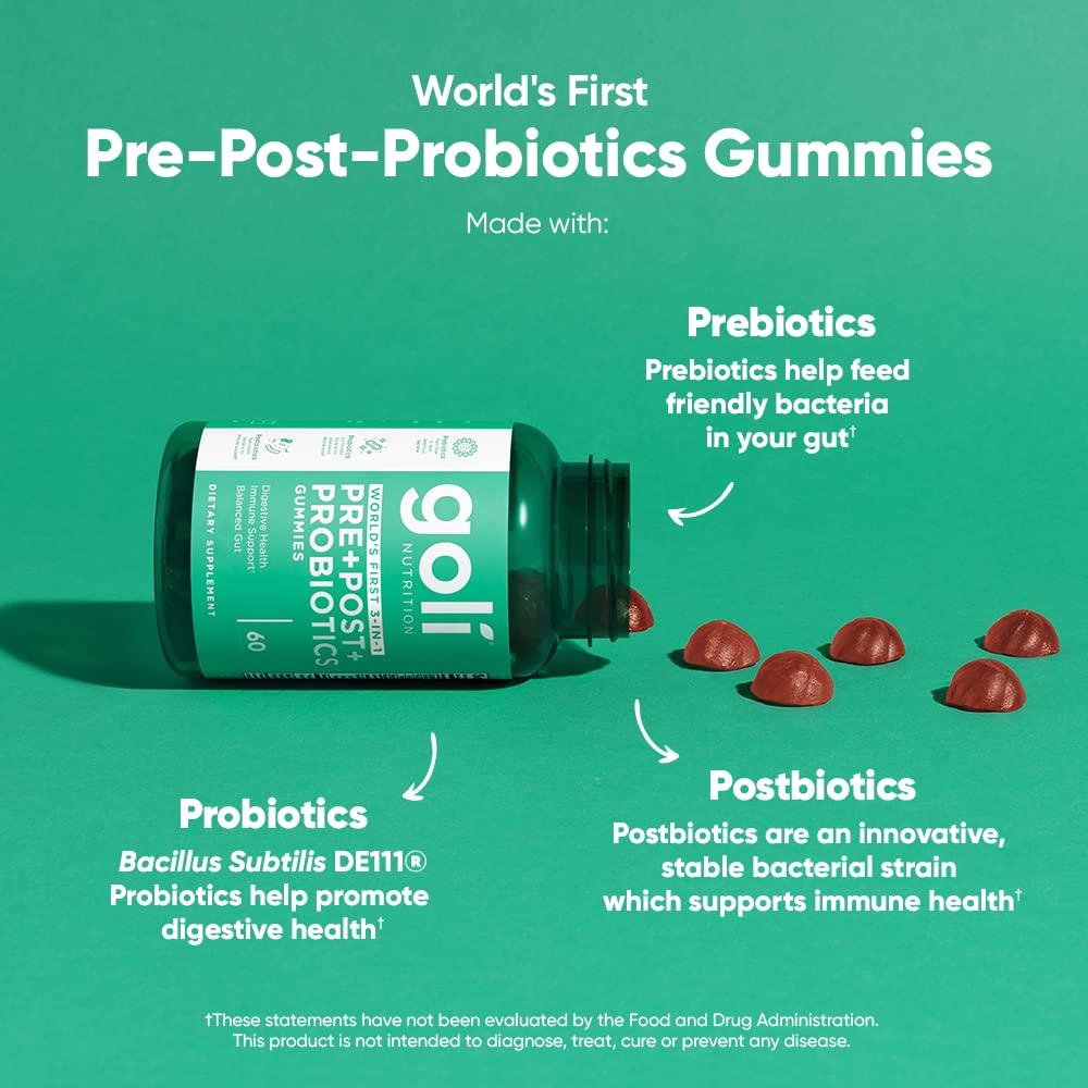 Goli Goli Nutritional Supplement, Pre+Post+Probiotics Gummy - 180 Count - World\'s First 3-in-1 Gluten-Free, Vegan, Non-GMO, and Gelatin-Free.
