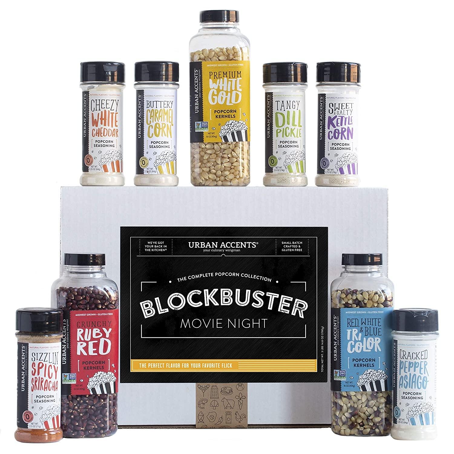 Urban Accents Urban Accents BLOCKBUSTER, Movie Night Popcorn Kernels Gift and Popcorn Seasoning Variety Pack (Set of 9)-3 Kernels and 6 Popcorn Seasonings