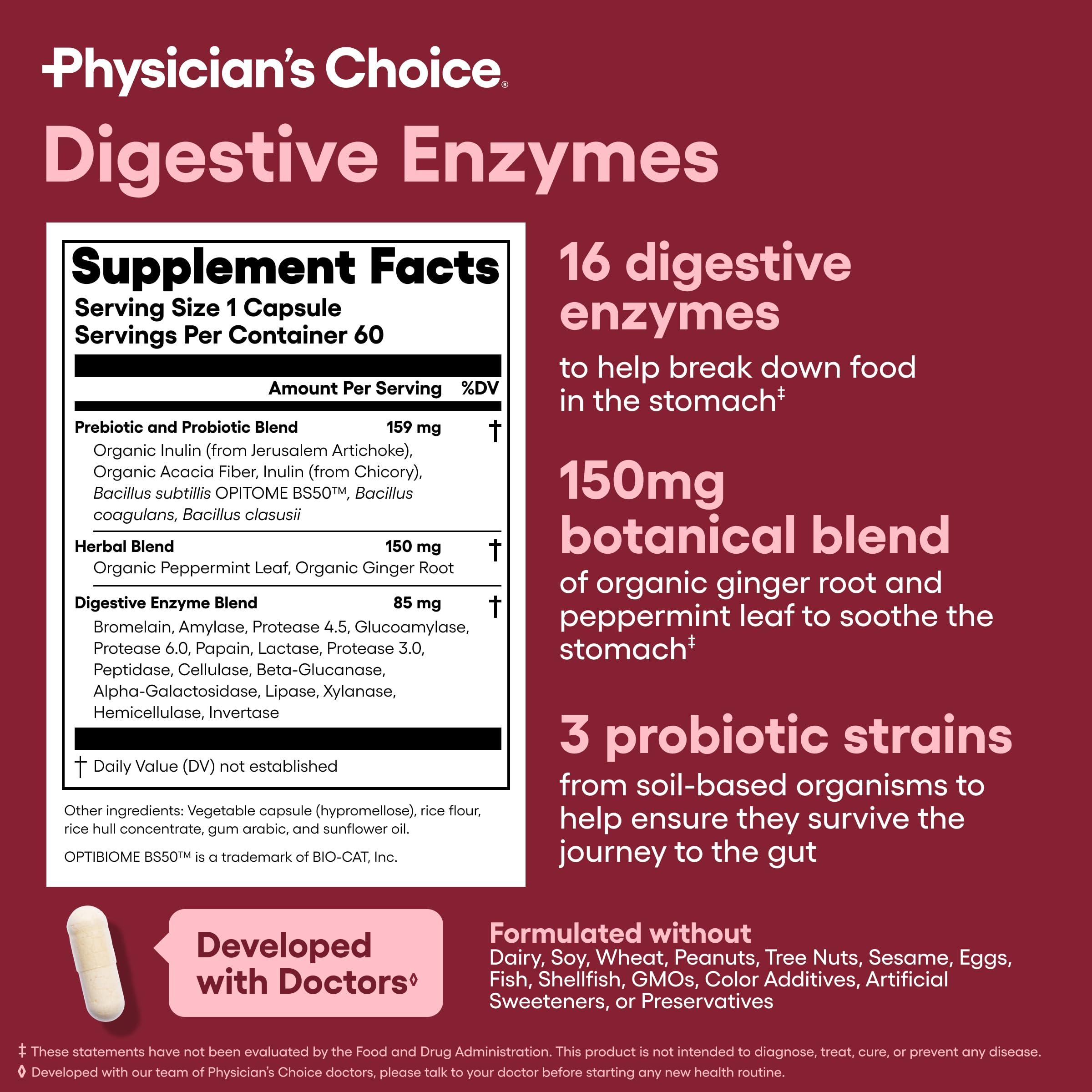Physician\'s CHOICE Physician\'s CHOICE Digestive Enzymes - Multi Enzymes, Organic Prebiotics & Probiotics for Digestive Health & Gut Health - for Meal Time Discomfort Relief & Bloating - Dual Action Approach - 60 CT