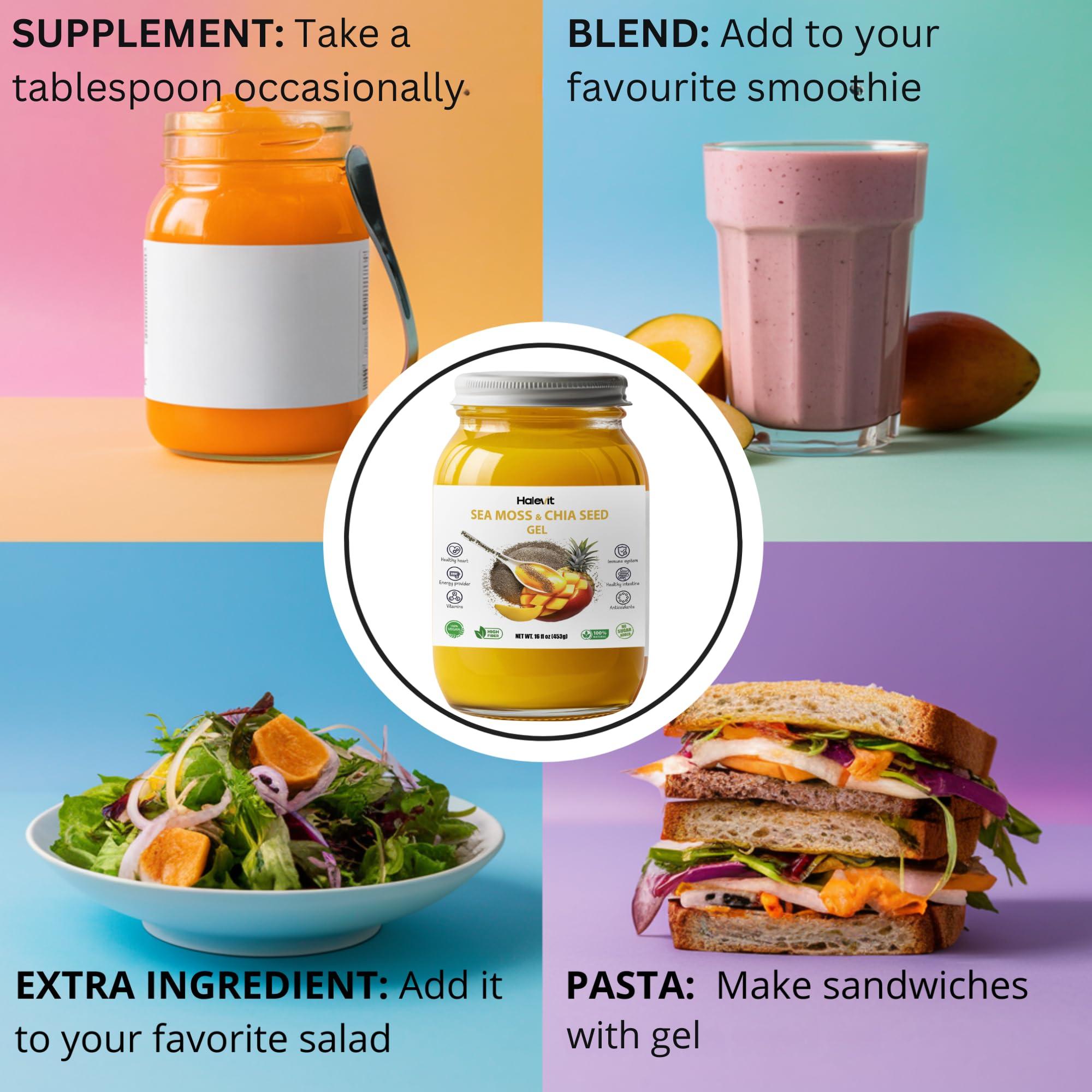 Halevit Sea Moss Gel with Ground Chia Seeds, Sea Moss Gel Organic Raw Natural Iodine Source, Omega-3, Immune & Digestive Support, Vegan Superfood, Mango Pineapple Flavor, Made in USA, 16 oz