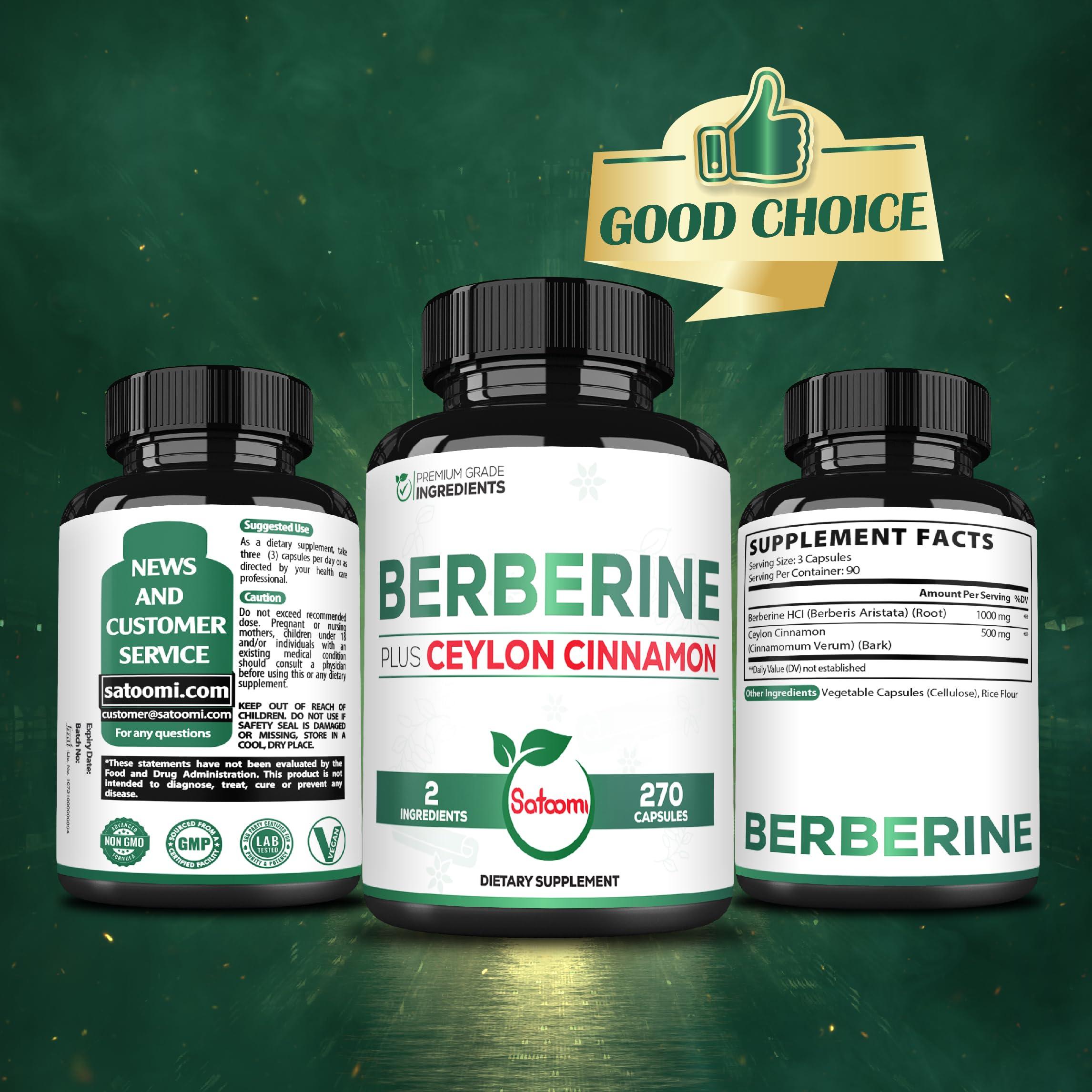 Satoomi Berberine with Ceylon Cinnamon Supplement - 1500mg Extra Strength for Immune System, Digestive Health, Body Management & Energy Production - 270 Capsules - Gluten-Free, Non-GMO