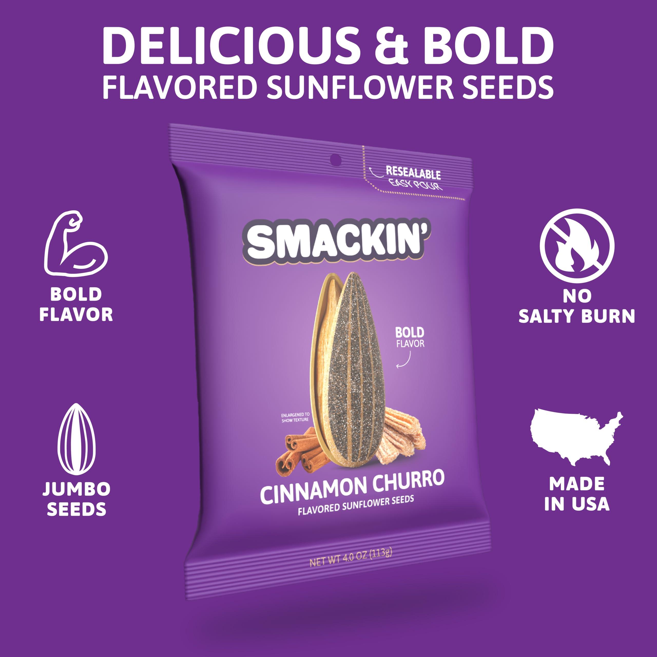 SMACKIN\' Sunflower Seeds SMACKIN\' Sunflower Seeds, Roasted Jumbo Small-Batch, American Made - Cinnamon Churro. 4oz bags (12 Pack)