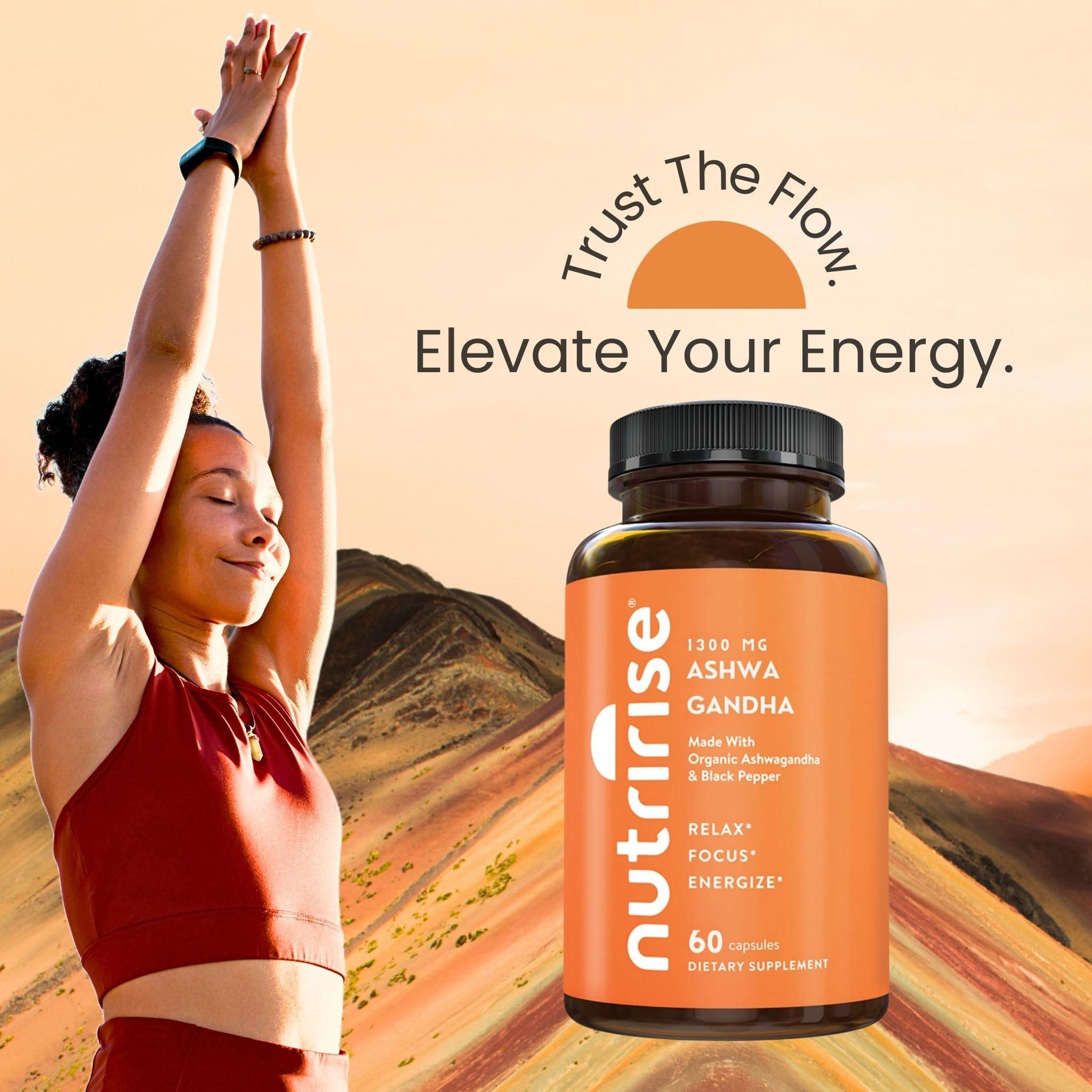 NutriRise NutriRise Organic Ashwagandha Root Capsules with Black Pepper, 1300mg, Natural Stress & Mood, Thyroid & Immune Support Supplement, Clarity, Focus & Energy, Gluten Free, 60 Count