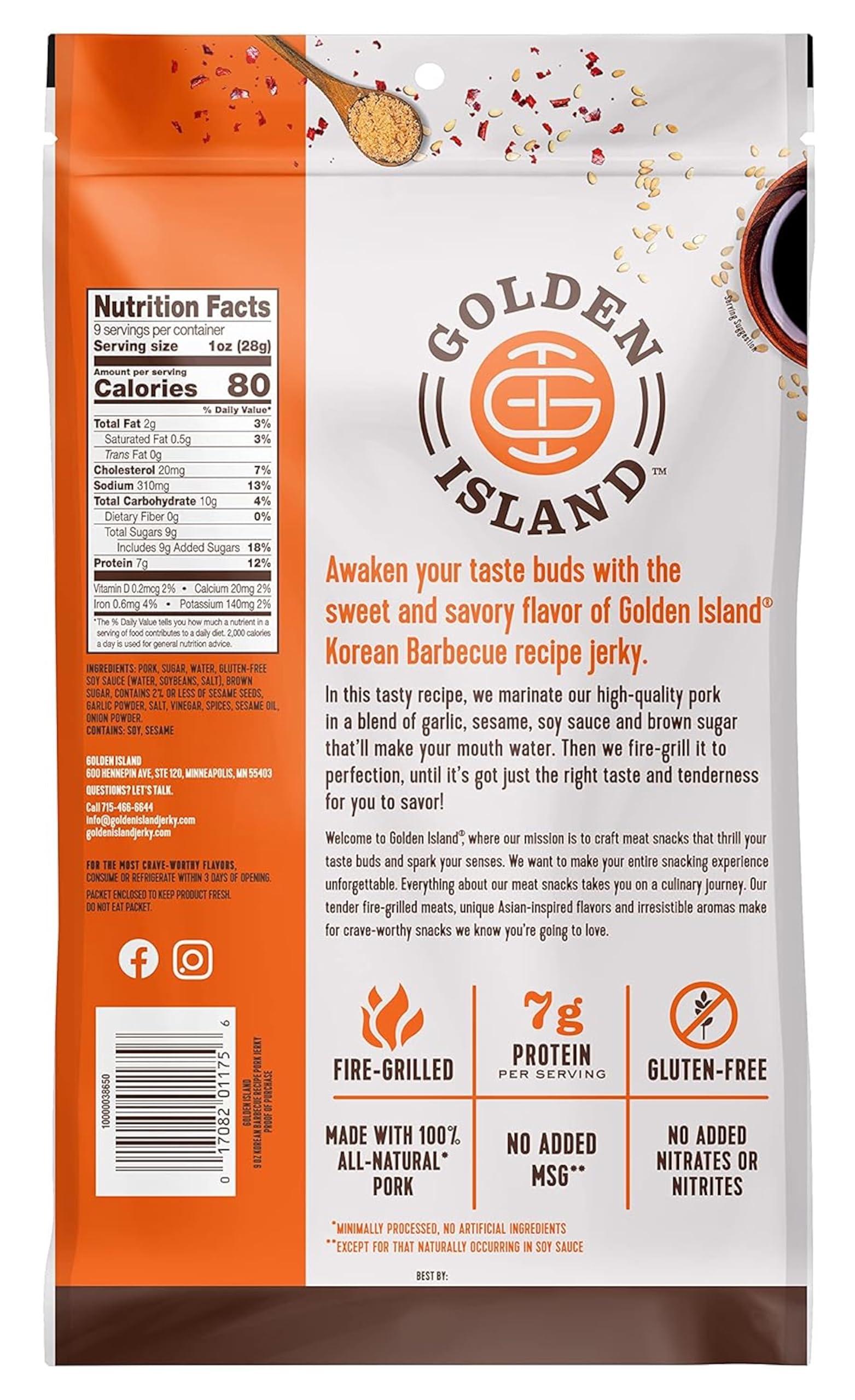 Golden Island Golden Island Pork Jerky Korean BBQ Flavored, Specialty Meat Snack, Gluten Free with Korean Barbecue Seasoning, Bite Sized Sweet and Savory Protein Snack, 7g of Protein Per Serving, 9 Oz (2 Pack)
