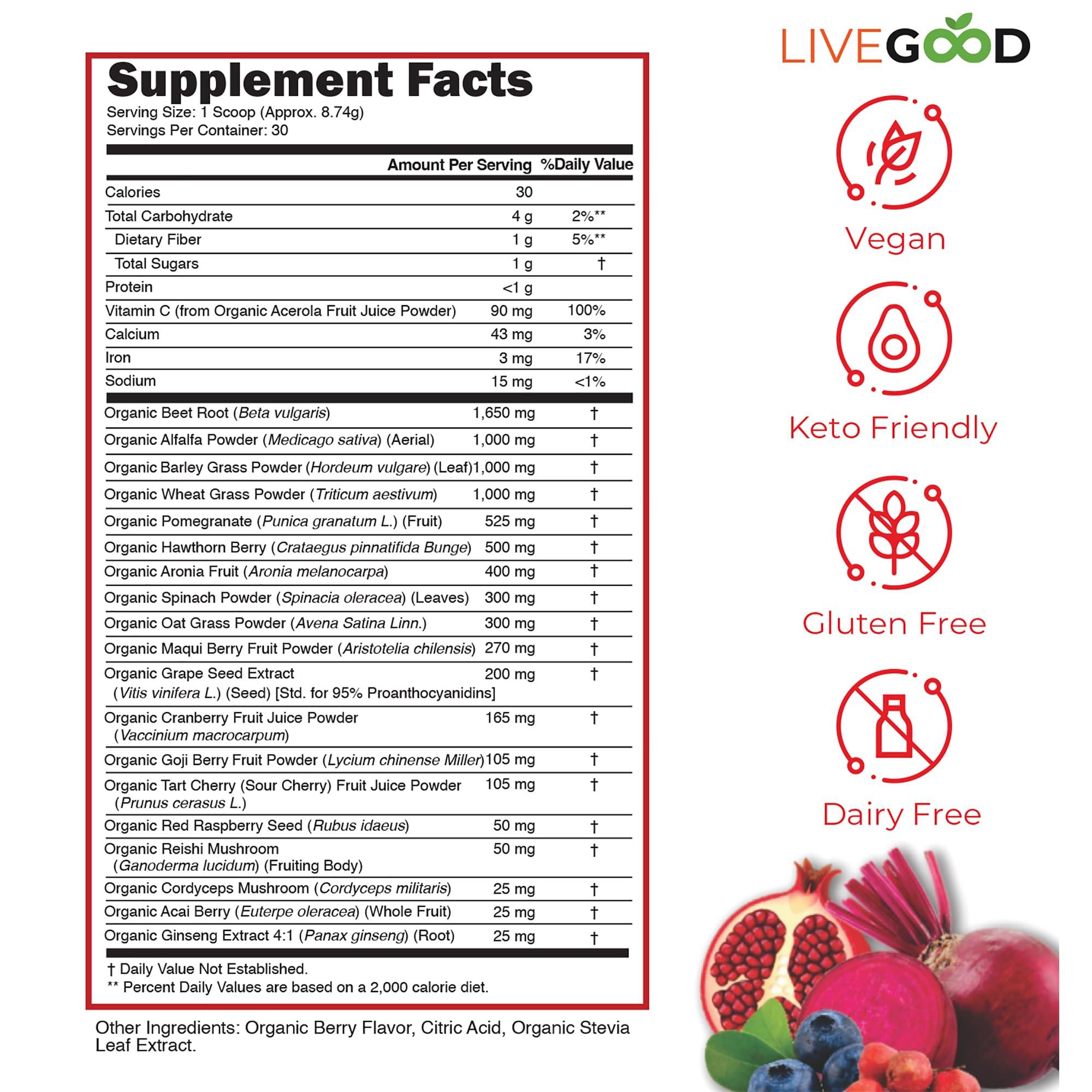 LIVEGOOD LIVEGOOD Organic Super Reds with Alfalfa, Barley Grass, Beet Root, Pomegranite, Grape Seed, Vegan, Gluten Free, 7.2 oz.