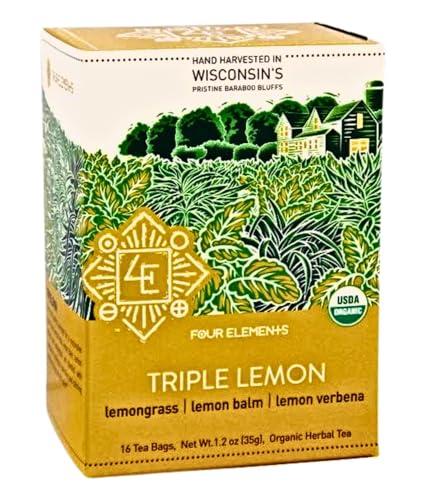 Four Elements Four Elements 4E Triple Lemon Tea, Blended with Lemongrass, Lemon Balm and Lemon Verbena, 100% Organic Herbal Tea, 16 Teabags, 1.2 OZ