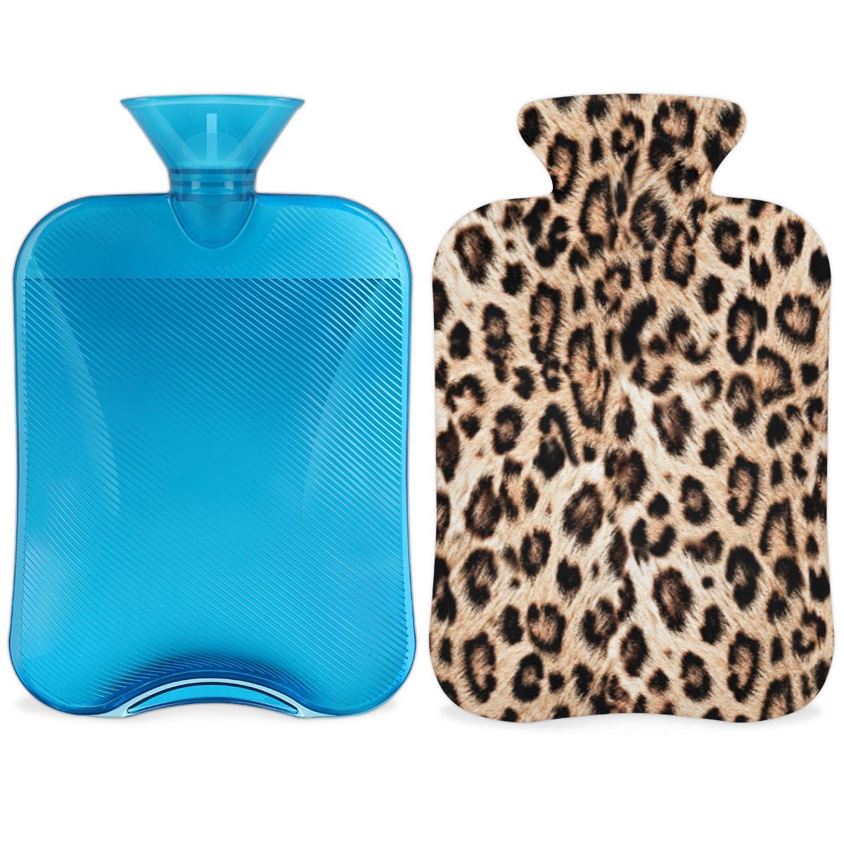 POFATO Leopard Print Fur Pattern Hot Water Bottle with Cover for Pain Relief Cramps, 2L Rubber Warm Hot Water Bags for Bed Hand Feet Belly Warmer, Hot or Cold Compress Water Bottle