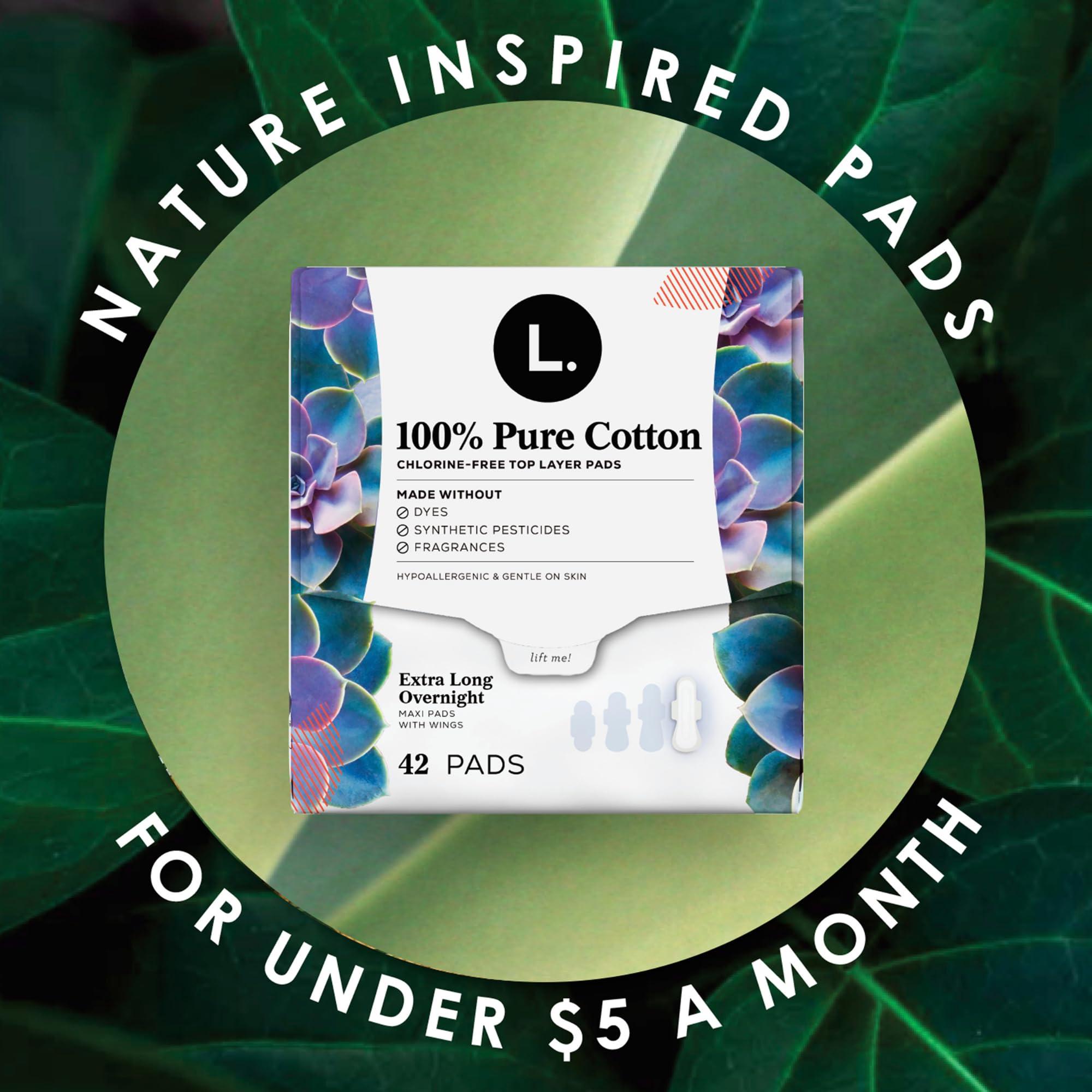 L. L. Pure Cotton Topsheet Pads for Women, Extra Long Overnight Pads, Maxi Pads with Wings, Unscented Menstrual Pads, 28 Count x 2 Packs (56 Count Total) (Packaging May Vary)