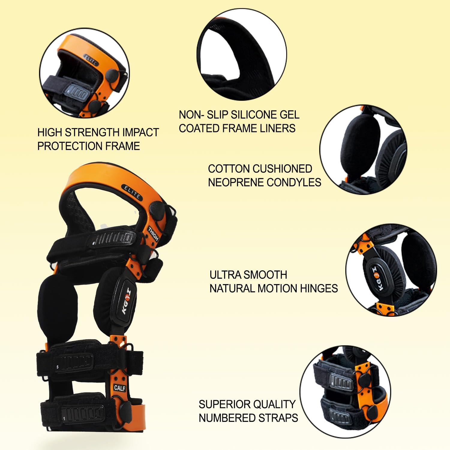 KGOI KGOI ELITE Knee Support Brace, Flexible, Adjustable with Stainless-Steel Gear Hinges for Ligament, Sports Injuries, Arthritis, Pain Relief, for Men and Women, Orange, Size 10