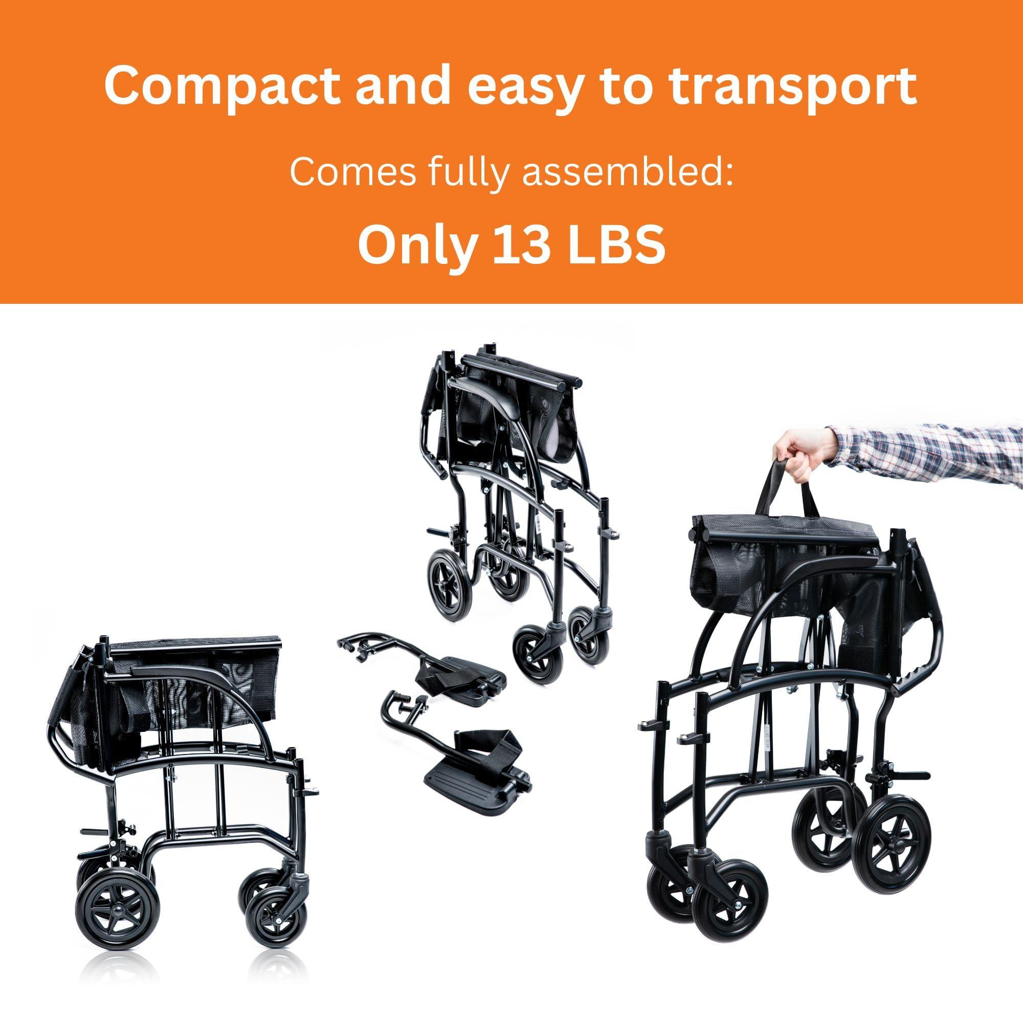 FeatherMobility Feather Mobility - 13lb Frame - Black Lightweight Folding Transport Chair - Without Handbrakes - 300 lb Capacity