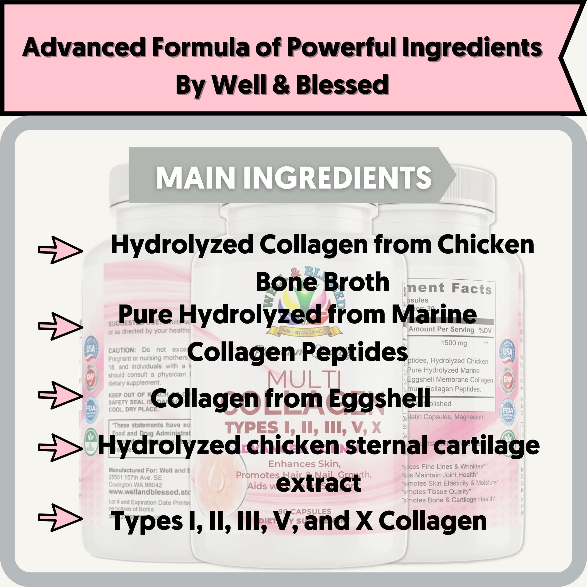 Well and Blessed Multi Premium Collagen Supplements for Women with Vitamin C, E -Tighten Skin, Reduce Wrinkles, Strong Nails, Joints & Hair Growth - Anti Aging Skin Care Supplements for Women -90 Capsules
