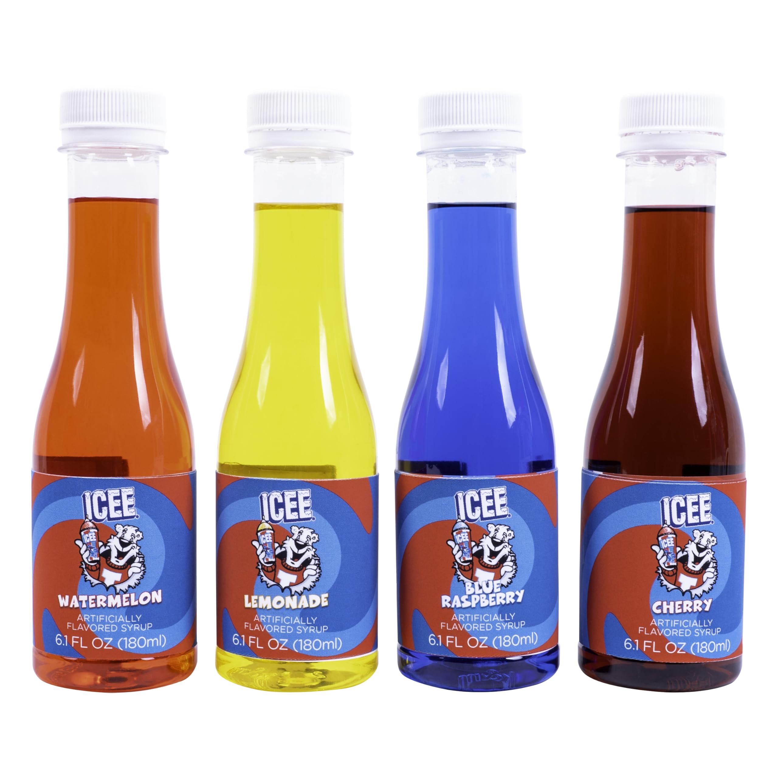 Fizz Creations ICEE 4 Pack Slushie Syrups. Genuine ICEE Slushy syrups including Watermelon, Lemonade, Blue Raspberry & Cherry Flavors. 4 x 6.1floz. Officially Licensed ICEE Merchandise from Fizz Creations.