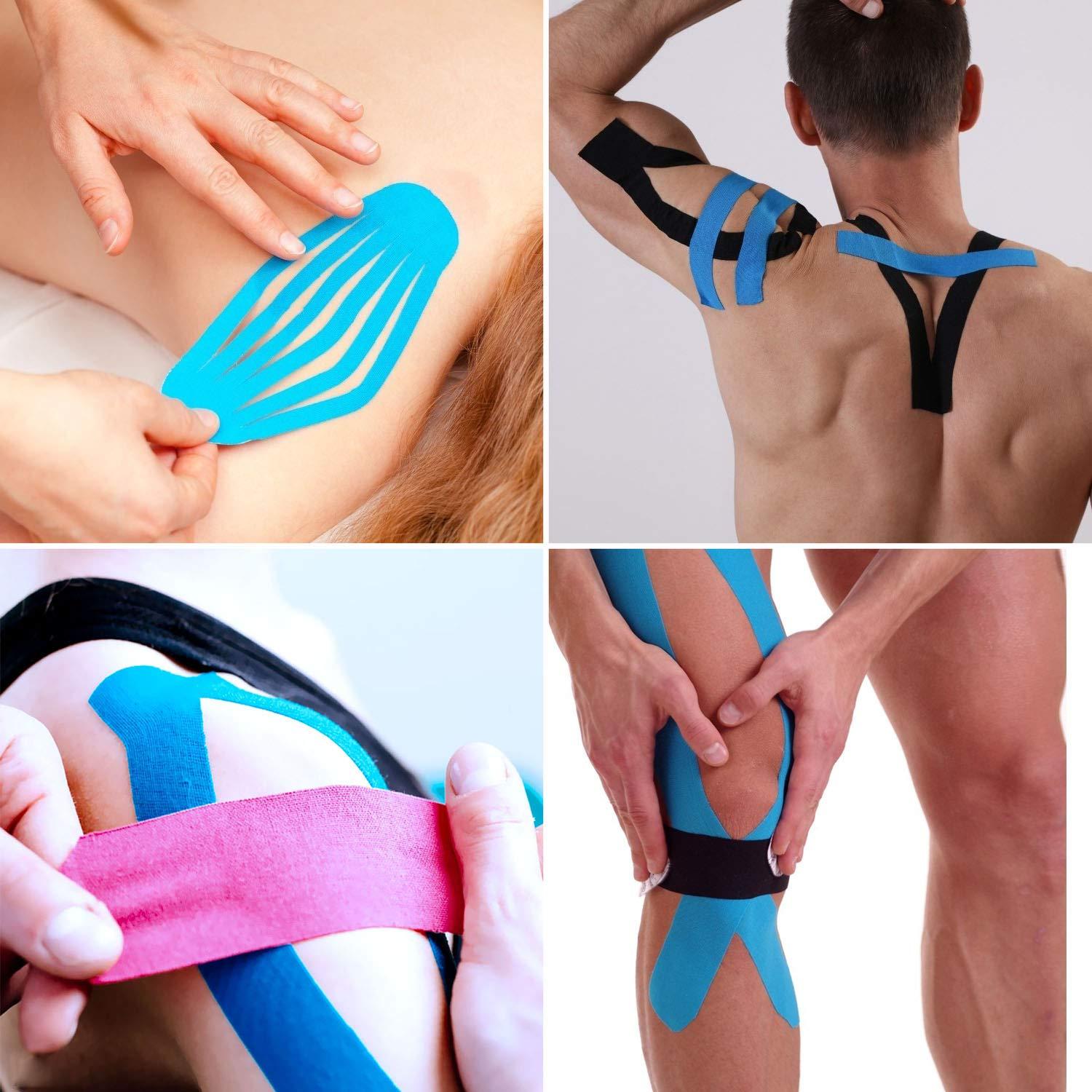 Gsbomzap Gstream 3 Pack Kinesiology Tape, Water Resistant Muscle Support Adhesive Sport Tape for Pain Relief, Latex Free Cotton Elastic Athletic Tape for Joints, Knee, Ankle, Shoulder, Wrist - Black 4in 5.5yd