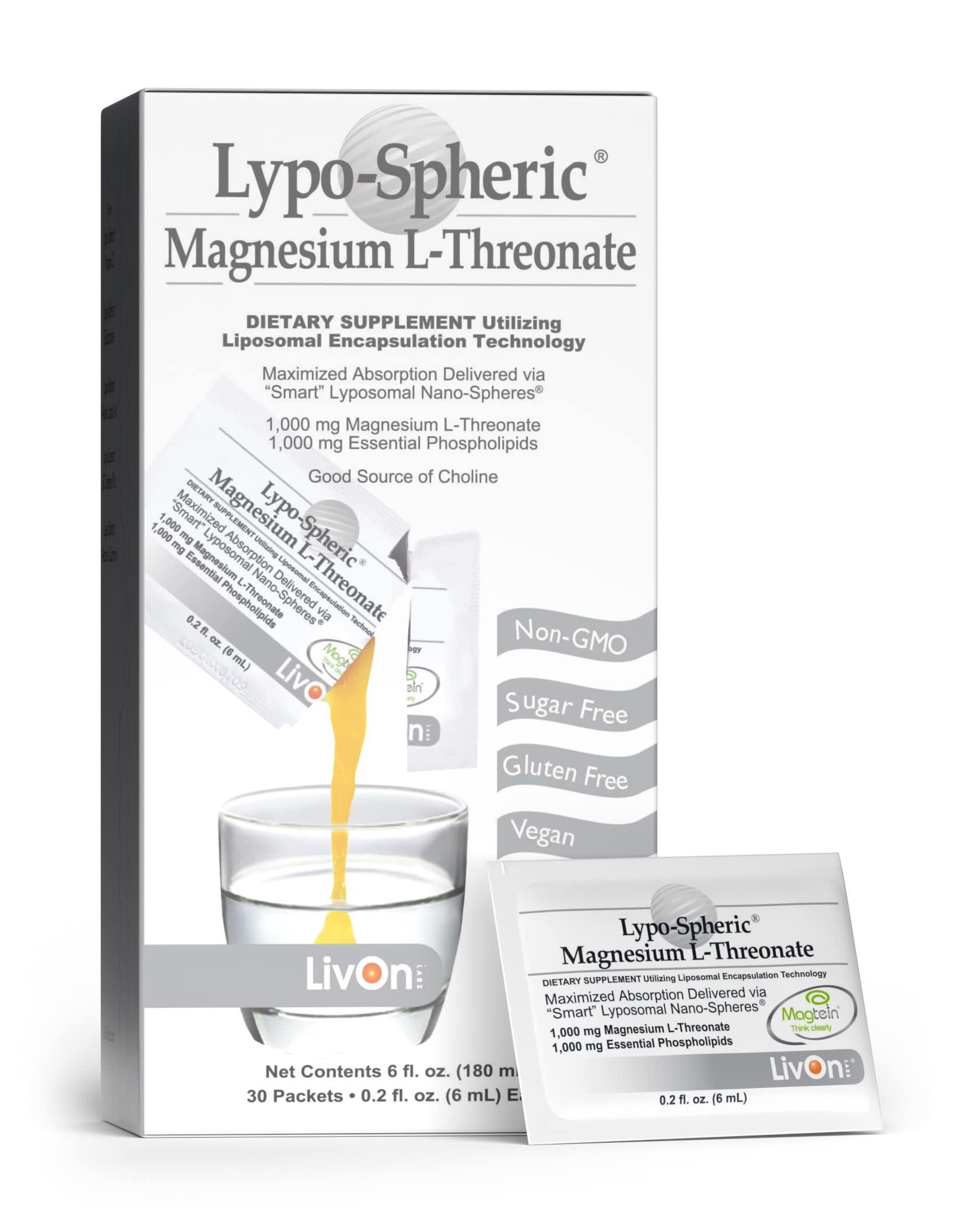 LivOn Laboratories LivOn Laboratories Lypo-Spheric Magnesium L-Threonate - 30 Packets - 77mg Per Packet - Liposome Encapsulated for Maximum Bioavailability - Professionally Formulated - 100% Non-GMO