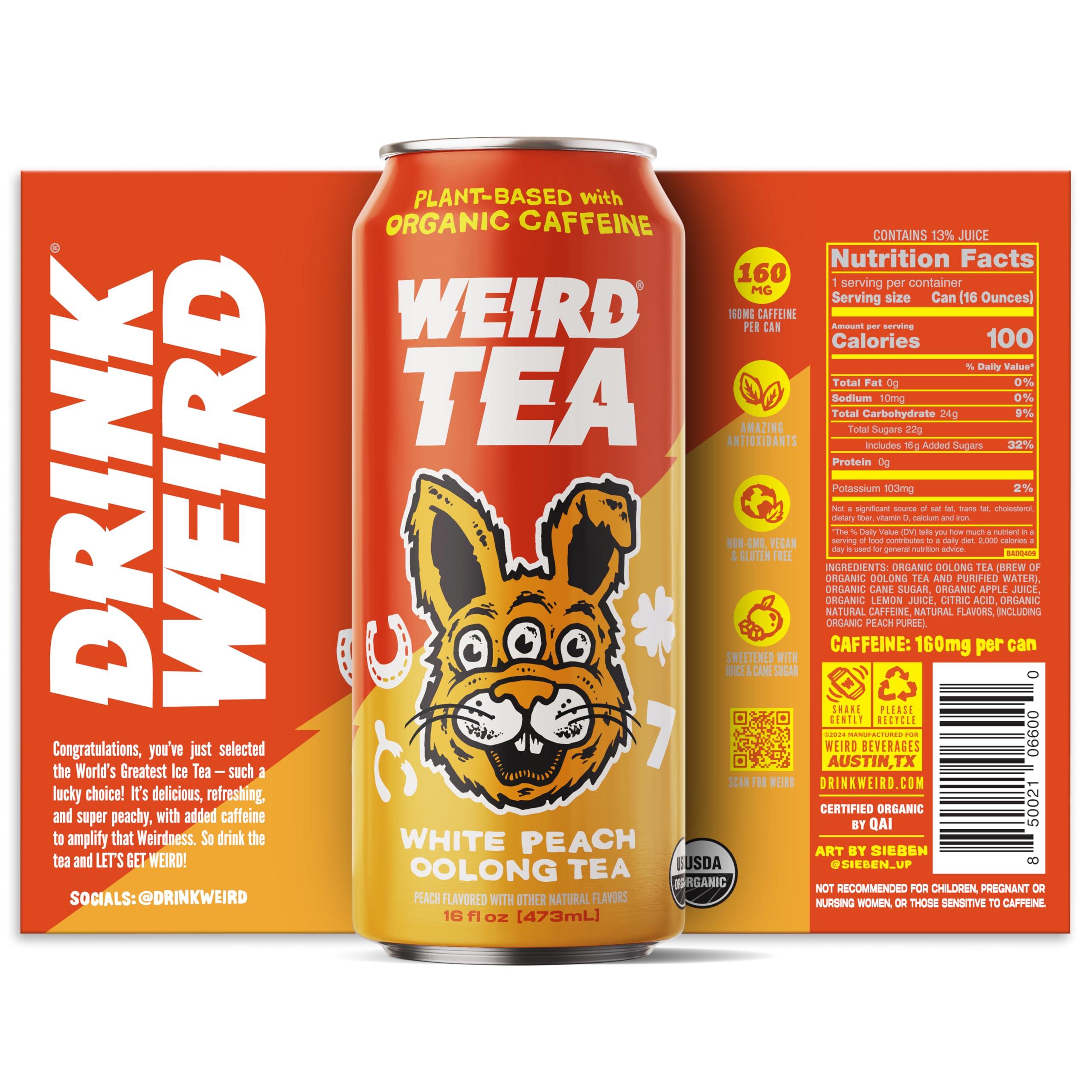 WEIRD Drink Weird Organic White Peach Oolong Tea 16oz Cans, 160mg Organic Caffeine, Pack of 12 A Refreshing Energy Drink Alternative
