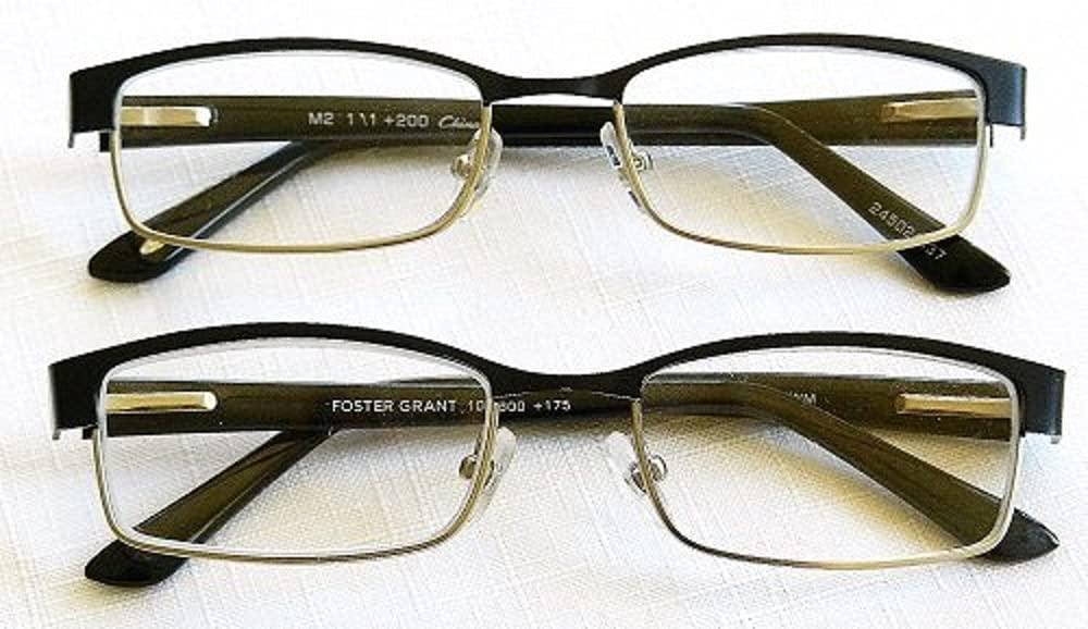Foster Grant (2 PACK + BONUS) Foster Grant +2.00 "ROWAN" Black and Silver Metal Frame Reading Glasses + FREE BONUS MICROSUEDE CLEANING CLOTH