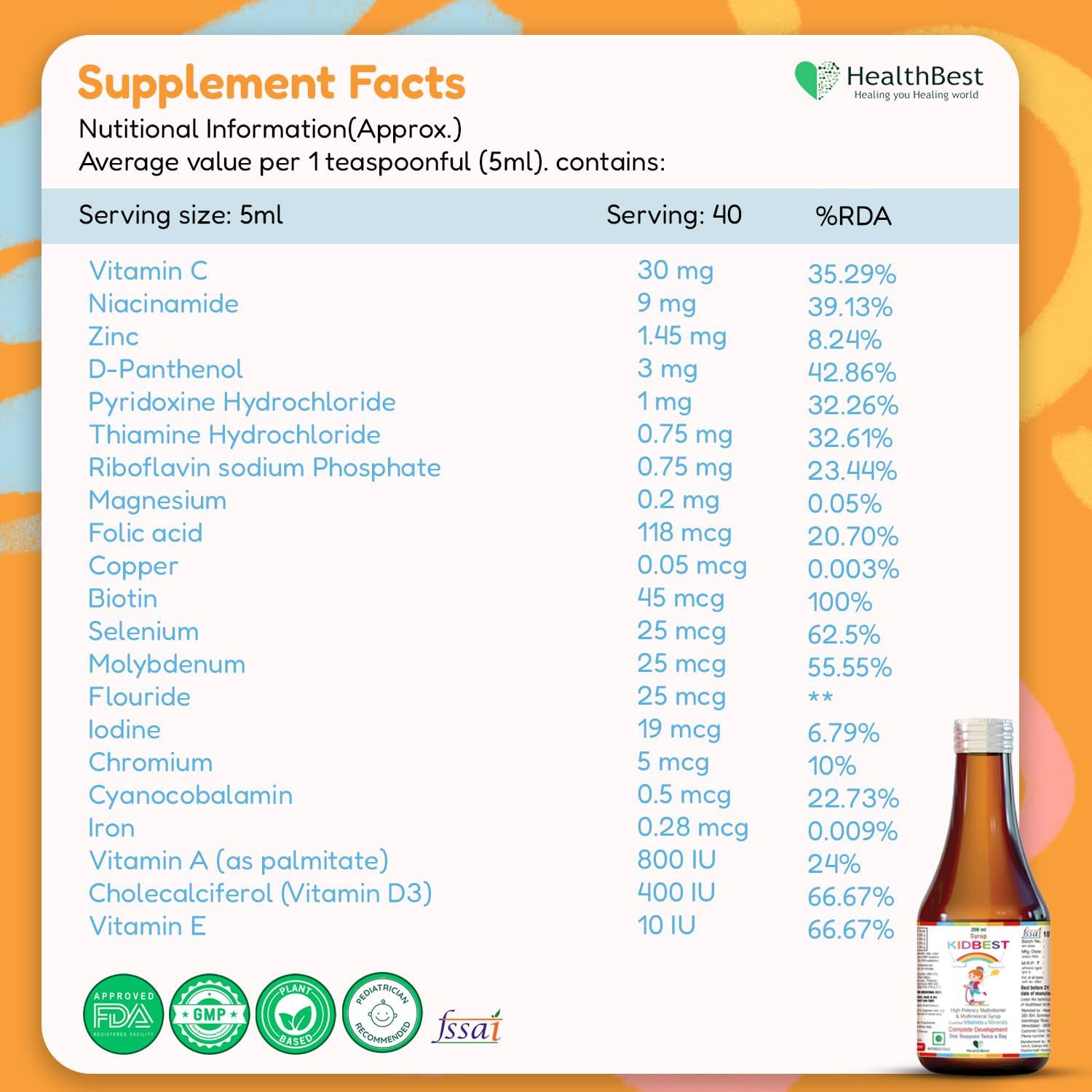 HealthBest HealthBest Kidbest Multivitamin Syrup for 3-13 Years Kids | 200ml