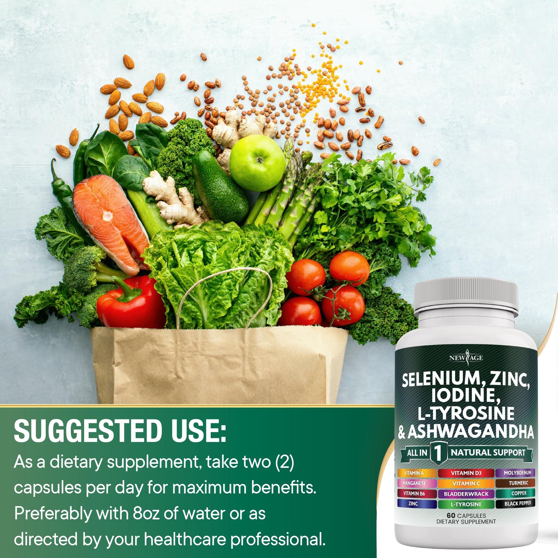 NEW AGE Selenium, Zinc, Iodine, L Tyrosine, Ashwagandha - Thyroid Support Supplement for Women and Men with Bladderwrack, Turmeric, Silica Kelp, Schisandra - 60 Count