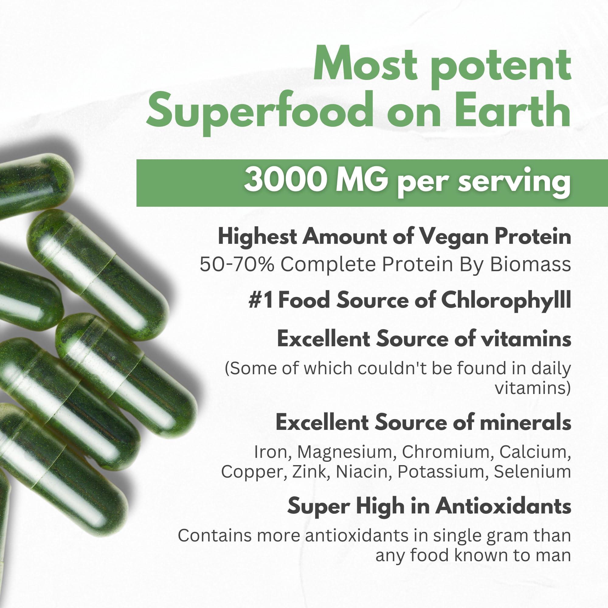 HCL HERBAL CODE LABS Organic Spirulina Powder Capsules 3000 mg - Purest Non-Irradiated Blue Green Algae - Best Raw Vegan Protein - Green Superfood - Natural Multivitamins – 180 Pills Made in The USA