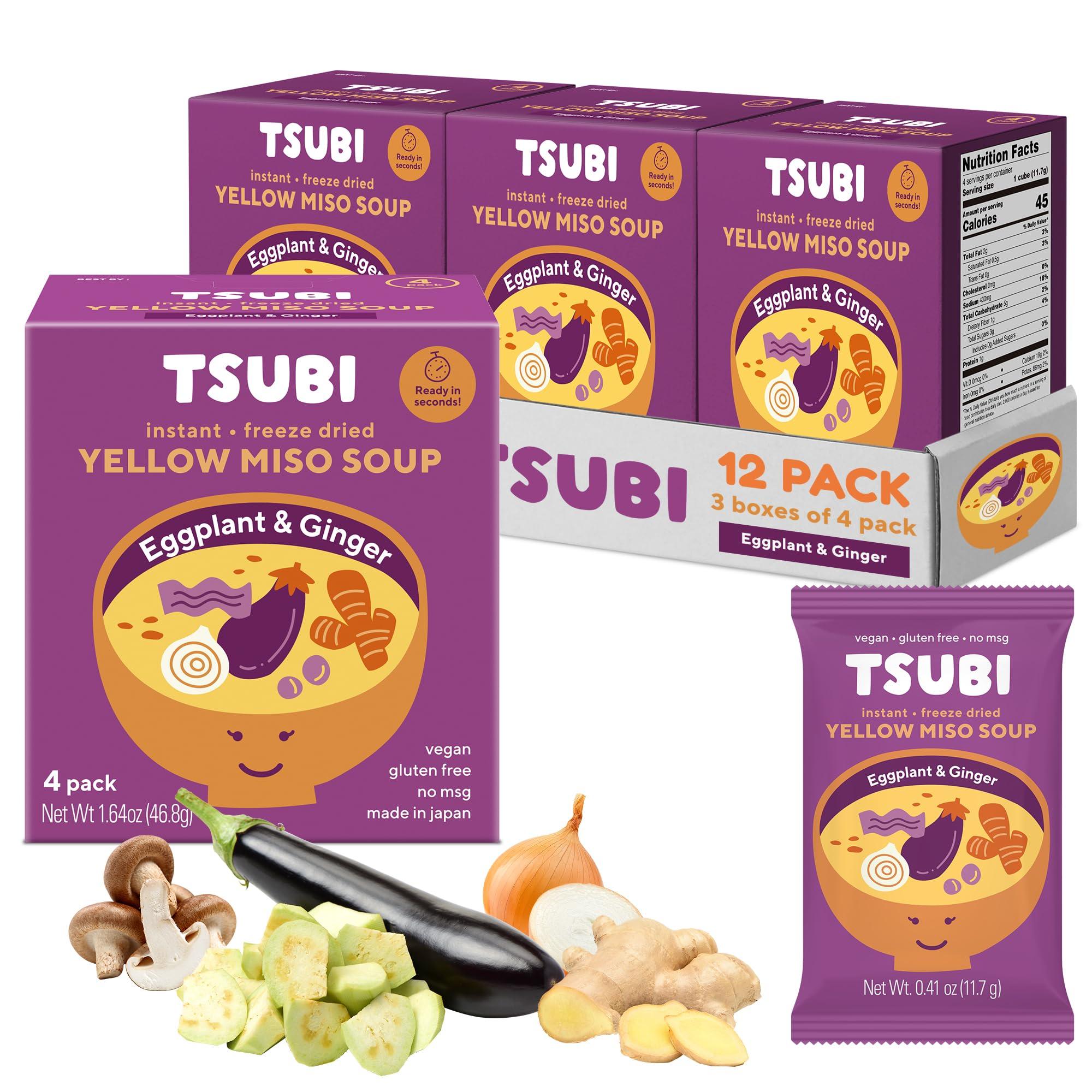 Tsubi Soup Tsubi Soup Freeze-Dried Japanese Miso Soup Packets - Instant, Vegan, Easy Mix, Gluten & MSG-Free, Flavorful - Ready in Seconds - Authentic Taste of Japan - Yellow Miso (Eggplant & Ginger) - 12 Packs