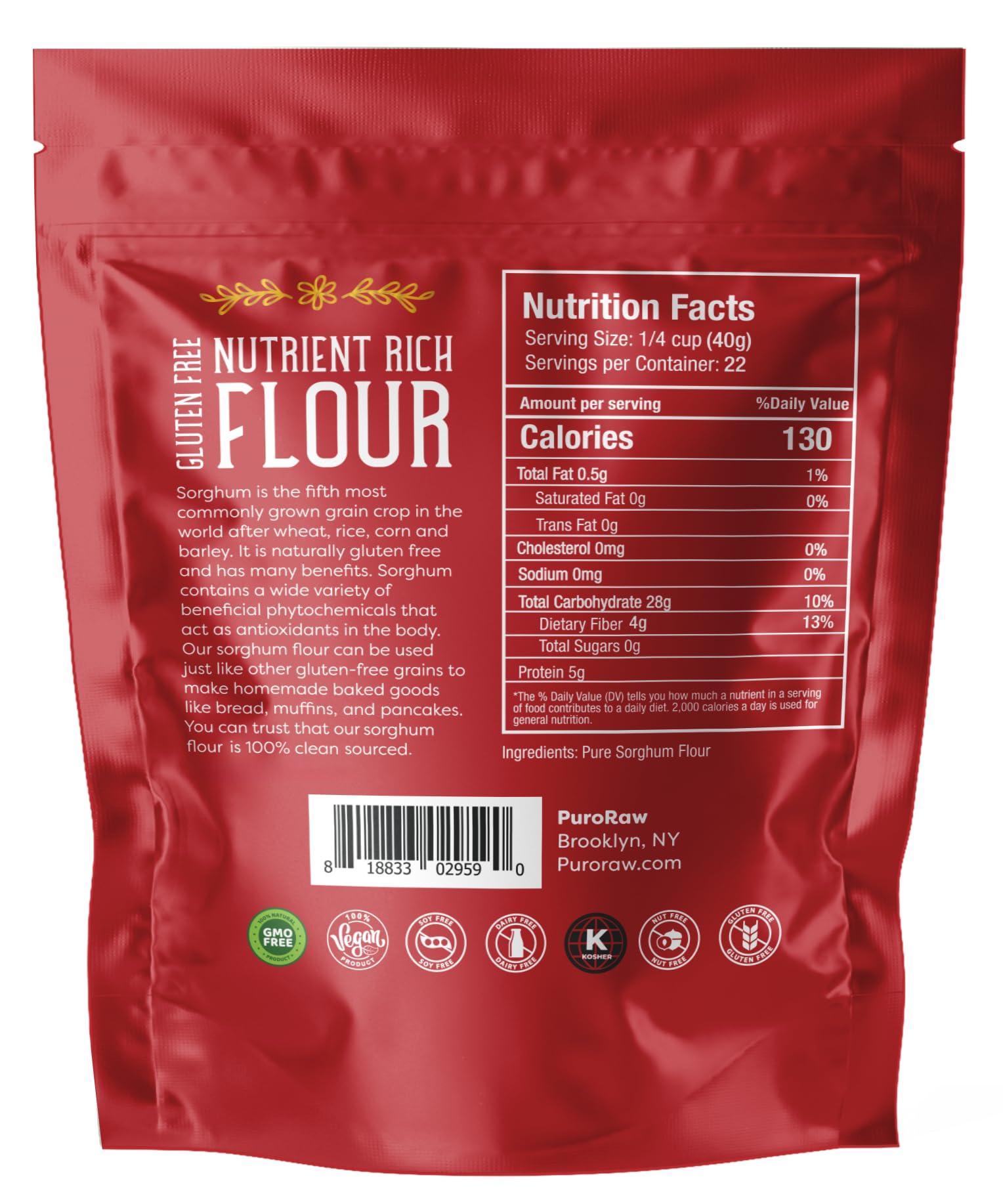 PuroRaw Sorghum Flour, 2lbs, Gluten Free flour, Jowar Flour, Sweet White Sorghum Flour Gluten Free, Sweet Sorghum Flour, Whole Grain, All Natural, Batch Tested, Non-GMO, 2 pounds, By PuroRaw.