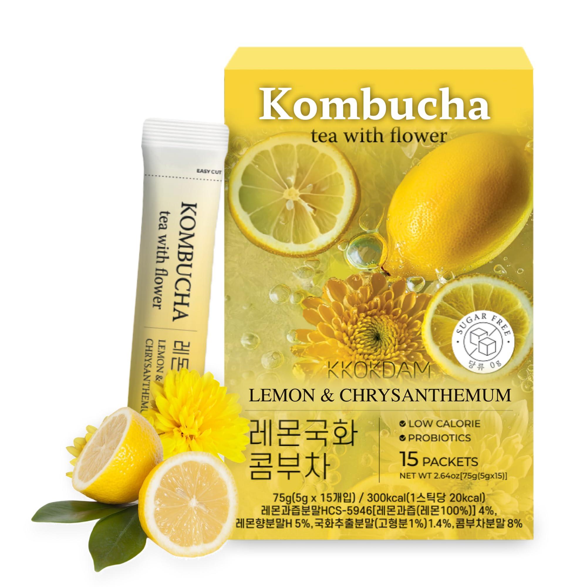 KKOKDAM KKOKDAM Kombucha Tea 15 Packs - Lemon & Chrysanthemum Korean Tea - Kombucha Drinks Probiotic Support, Low Calorie, Sugar Free Kombucha Pack - 15 Kombucha Drink