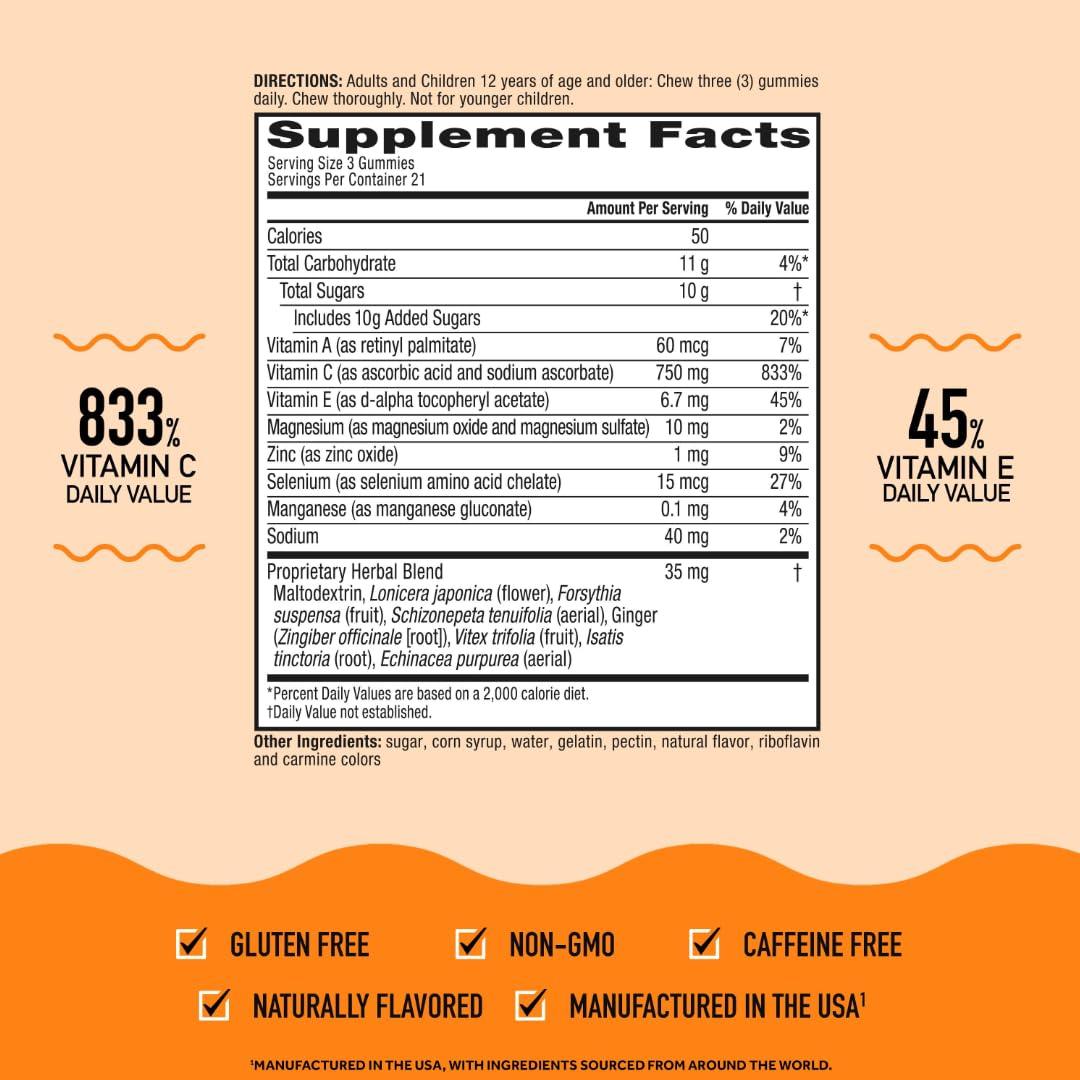 Airborne Airborne 750mg Vitamin C Immune Support Supplement Gummies for Adults, Zesty Orange Flavor, Gluten Free Crafted Blend with Powerful Antioxidants Vitamins A C & E, 63 Gummies (4 Pack)