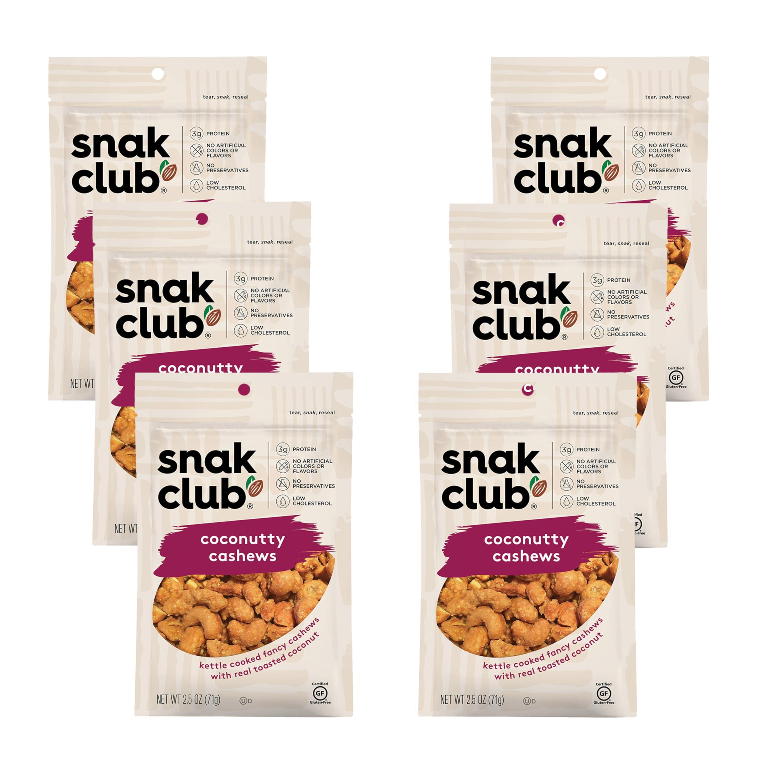 Snak Club Snak Club Coconutty Cashews, Kettle Cooked Fancy Cashews with Toasted Coconut, Gluten-Free and Kosher Snack, 2.5 oz Snack Bags, 6 Pack