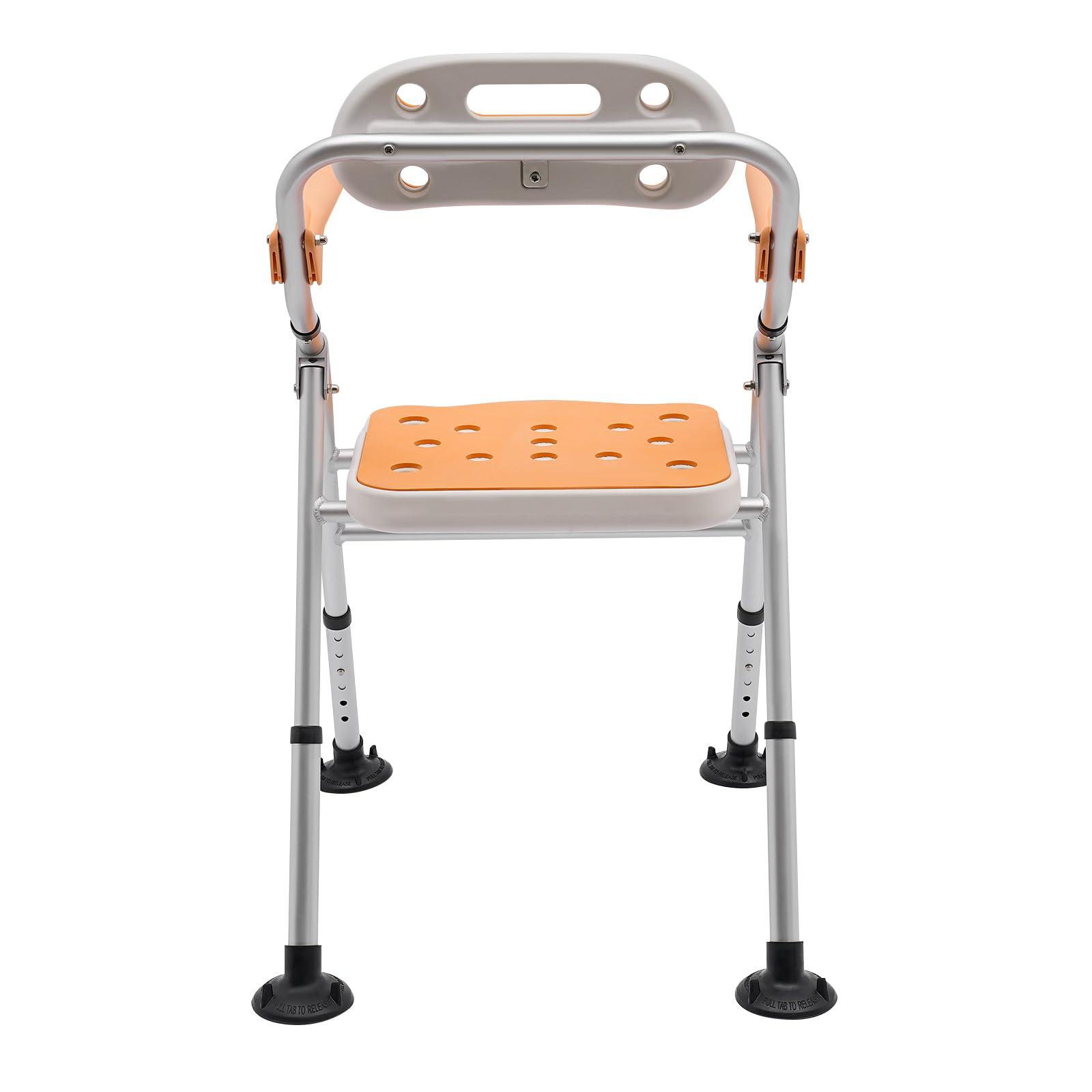 CNCEST CNCEST Folding Shower Chair, 6 Levels Height Adjustment Lightweight Bath Safety Toilet Seat with Soft EVA Cushion and Detachable 5L/1.32Gal Commode for Seniors (Orange)