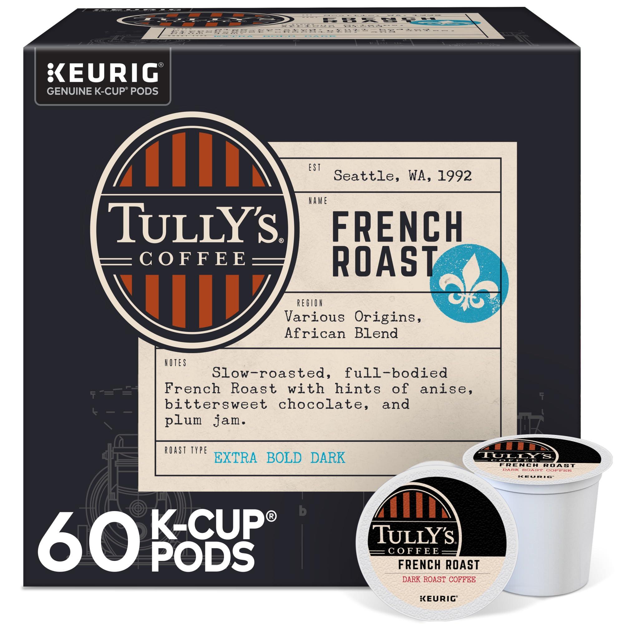 TULLY\'S Tully\'s Coffee French Roast, Keurig Single Serve K-Cup Pods, Dark Roast Coffee, 60 Count, (6 Packs of 10)