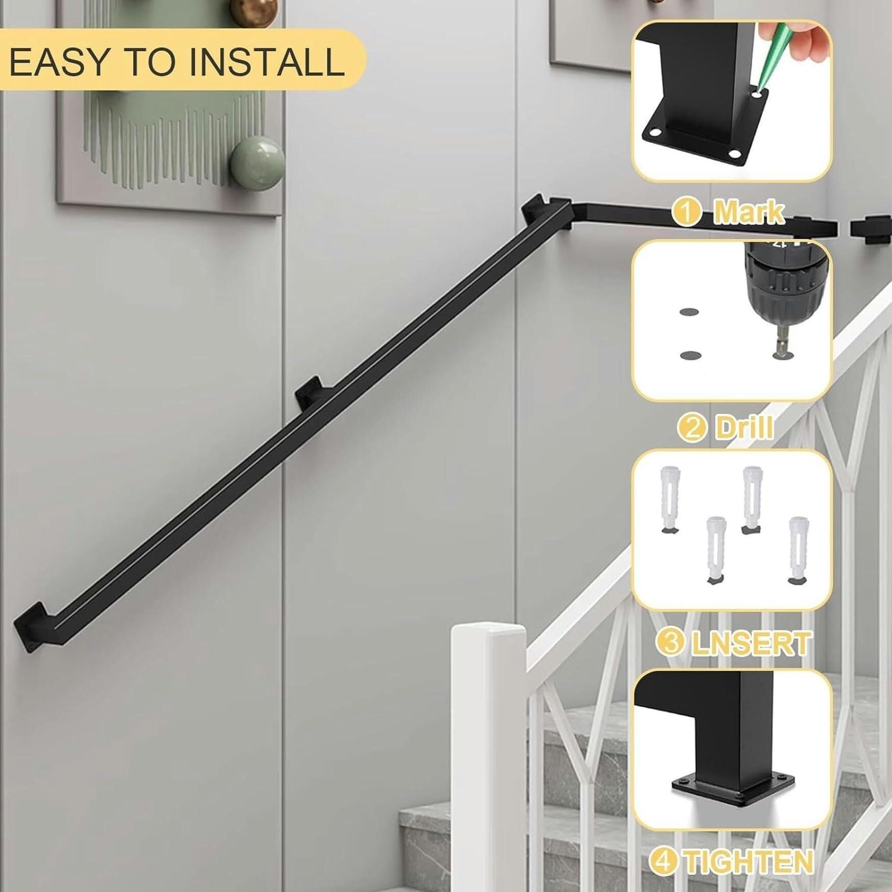 NUHGFTYBF Black Stair Handrail, 1ft-20ft Metal Staircase Handrails Stairs Indoor and Outdoor Galvanized Industrial Iron Pipe Stair Railing Wall Balustrade Foot Rail Support(9.2 FT)