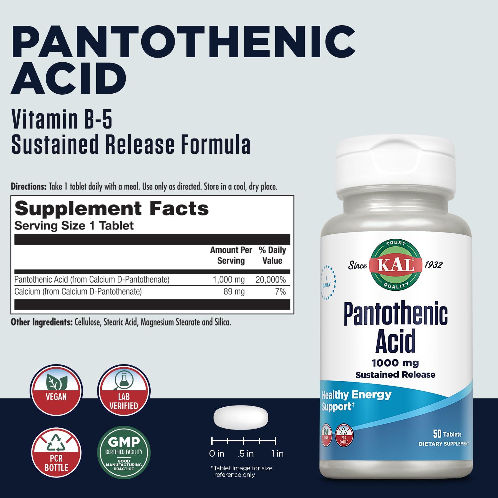 KAL KAL Pantothenic Acid 1000mg, Sustained Release Vitamin B5 - Energy Supplements - Supports Metabolism of Carbs, Fat and Protein, Hair and Skin Health, Vegan, 60-Day Guarantee, 50 Servings, 50 Tablets