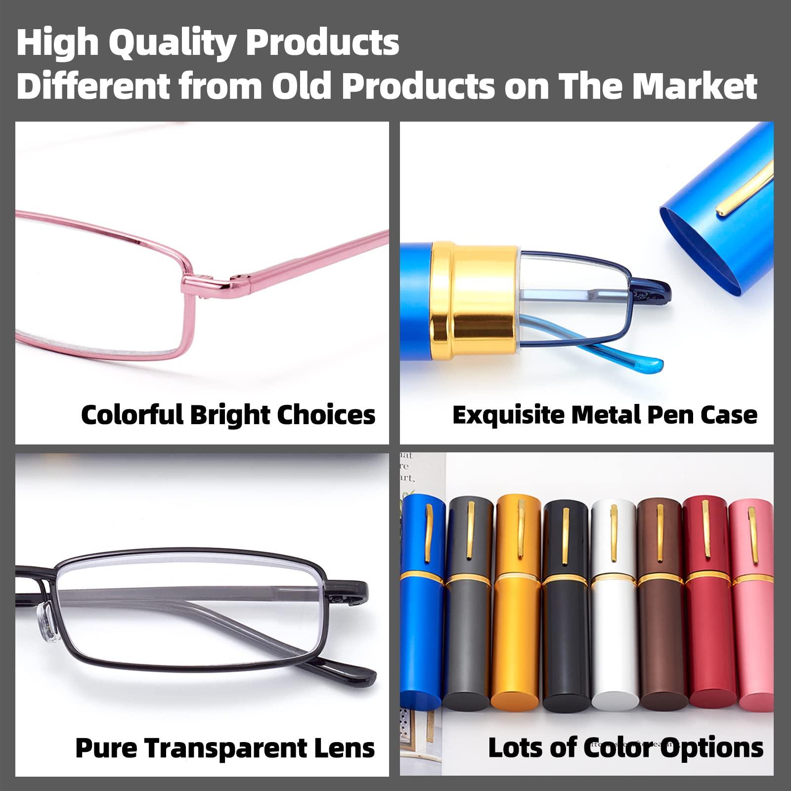 HIGHLIKE HIGHLIKE 4-Pack Slim Pocket Reading Glasses Men Women, Compact Readers Super Clear Lens, Spring Hinge Metal Frame Eyeglasses, Red Golden Blue Pink 2.5 x