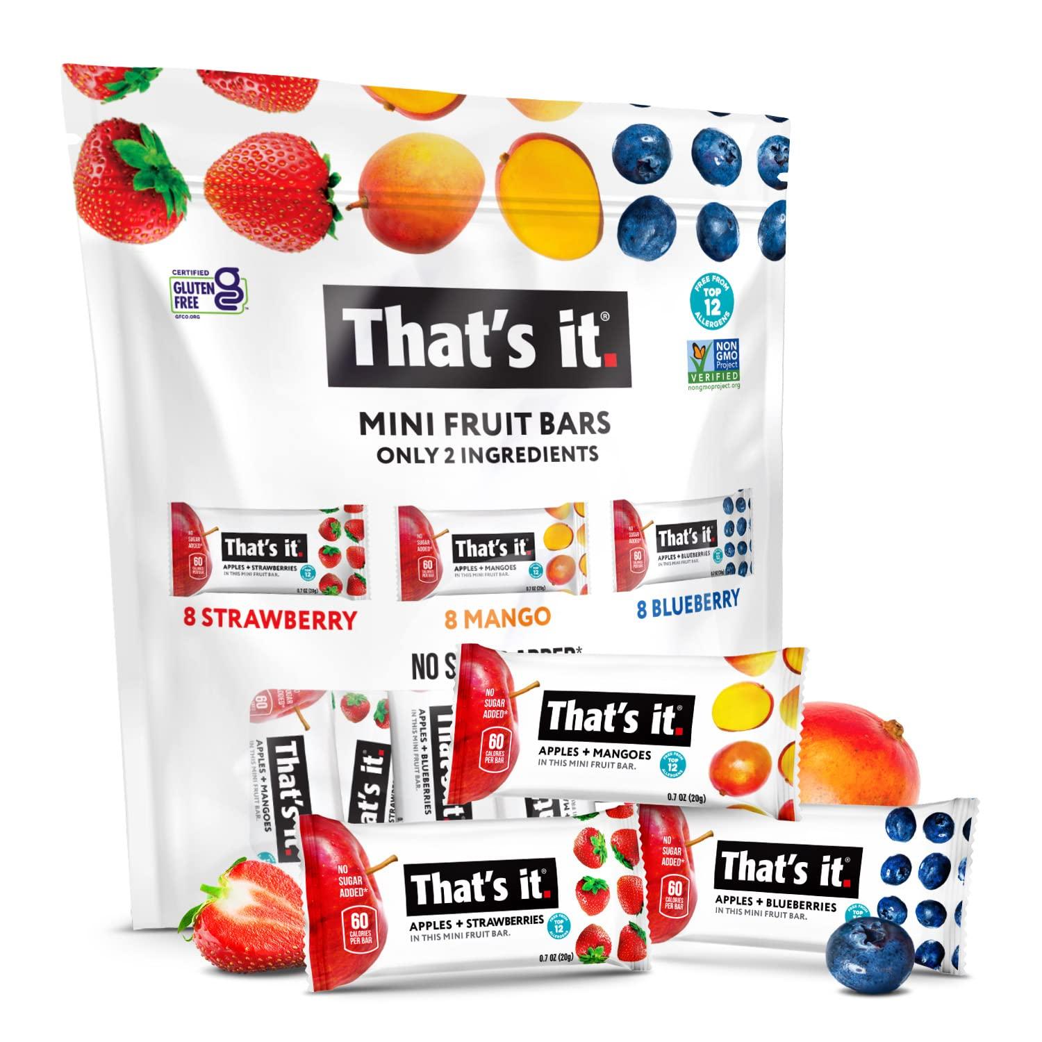 That's it. That's it. Mini Fruit Bars (Variety 24 PACK) No Sugar Added, Plant-Based, Vegan & Gluten Free, Breakfast Bar, Paleo, for Children & Adults, Non GMO, Fiber (8 Blueberry, 8 Strawberry, 8 Mango)