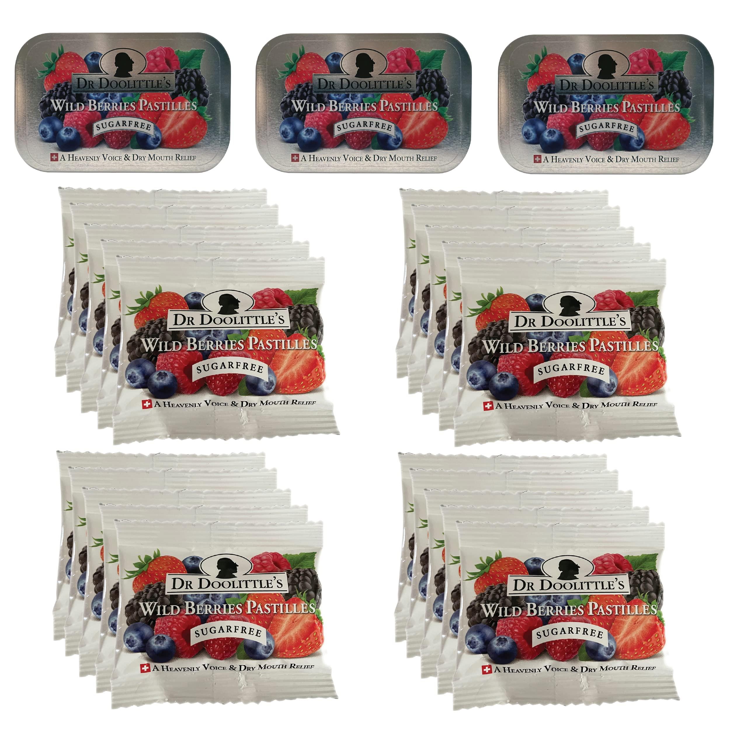 DOOLITTLE Dr. Doolittles Sugar Free Soft Fruit Pastilles for Voice and Throat, Wild Berries Flavor, Multipack of 2.12 Ounce Tin, 3 Pack and .33 Ounce Travel Size Bag, 20 Pack