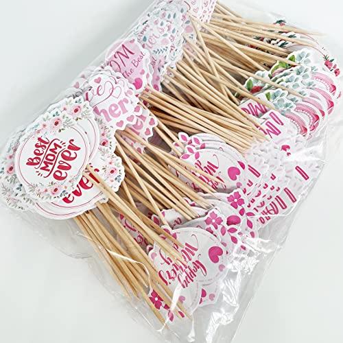 M1NTP1US + 144PCS Happy Mothers Day Cupcake Toppers Decorations Mom Day Thank You Appetizers Toothpicks Sticks Food Picks Party Supplies