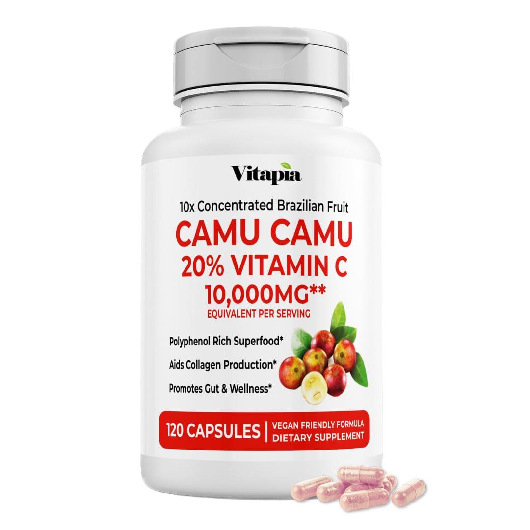 Vitapia Organic Camu Camu Extract 20% Vitamin C Capsules - Immune, Collagen, Metabolism Support - 120 Veggie Capsules - Non GMO, Gluten Free, Vegan Supplement