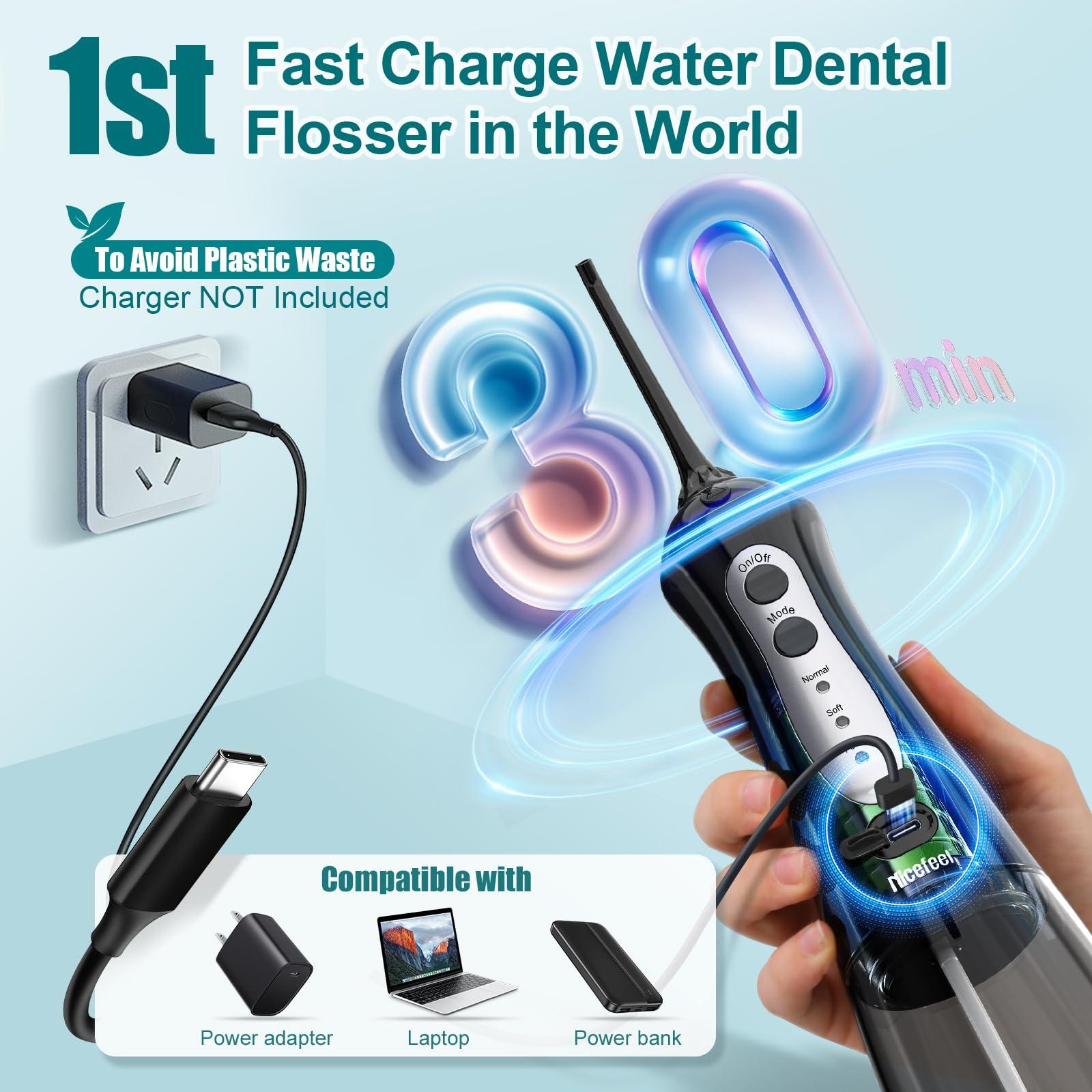 Nicefeel Nicefeel Cordless Water Dental Flosser 300ML BPA-Free Portable Oral Irrigator, 3 Cleaning Modes, Fast Charge, IPX7 Waterproof for Teeth, Gums & Tonsil Stones Home & Travel Use