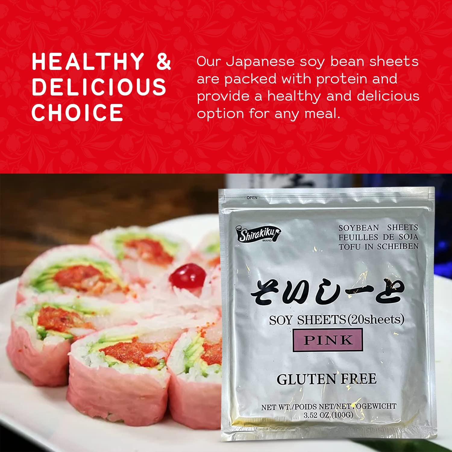 SHIRAKIKU BRAND Shirakiku Pink Sushi Soy Wrapper- Authentic Japanese Gluten-Free Wraps for Tofu, sushi | Soy Proteins, Corn Starch, Rice Powder, and Cochineal Extract | Easy to Use 20 Sheets - (3.52 Oz)