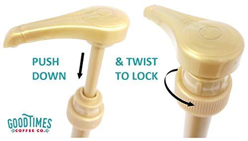 Good Times Coffee Co. Gold Coffee Syrup Pump for 750 ml Bottles (Pack of 4) Fits Upouria, Torani, Davinci, Jordans Skinny Syrups, and (Monin 1 Liter Plastic Bottles Only)