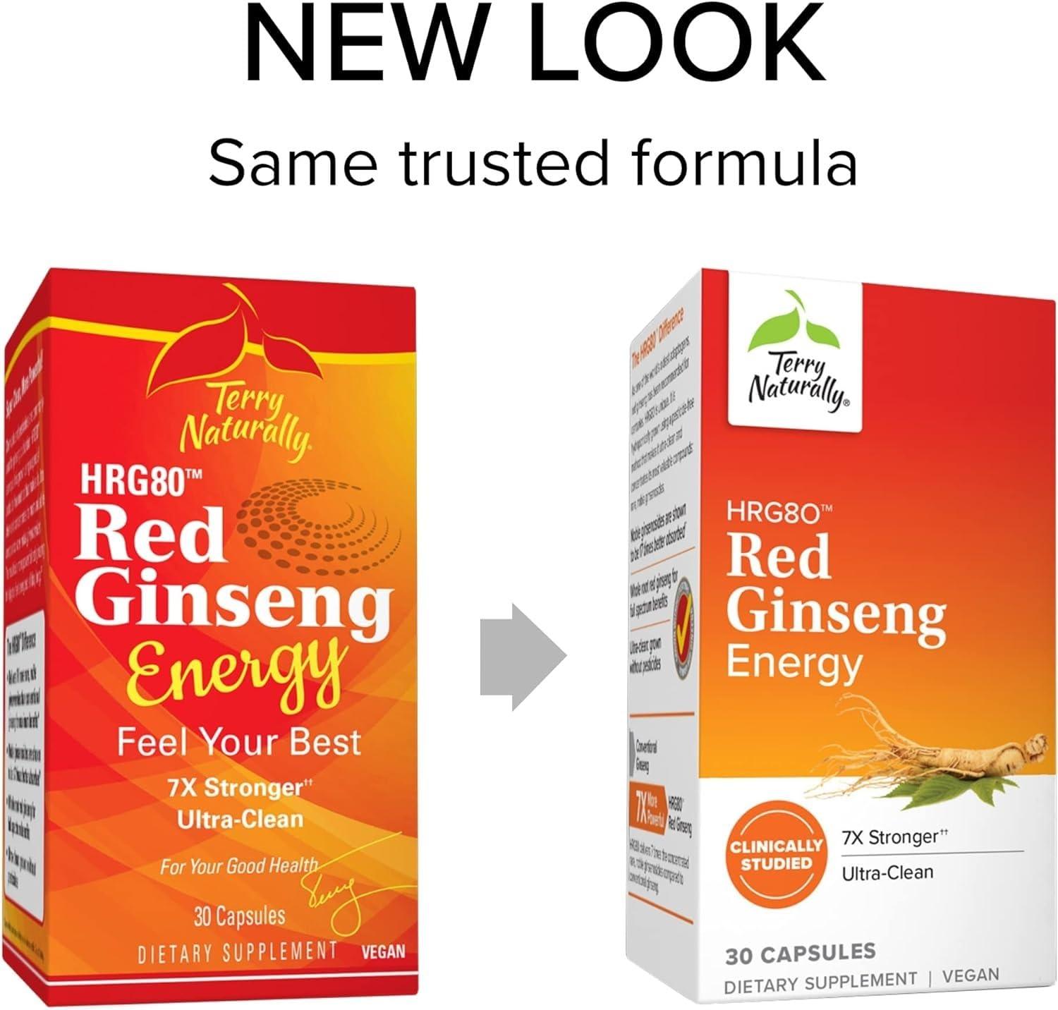 Terry Naturally Terry Naturally HRG80 Red Ginseng Energy - 30 Capsules - Red Ginseng Root Powder, Panax Ginseng, HRG80 - Non-GMO, Vegan, Gluten Free 30 Servings