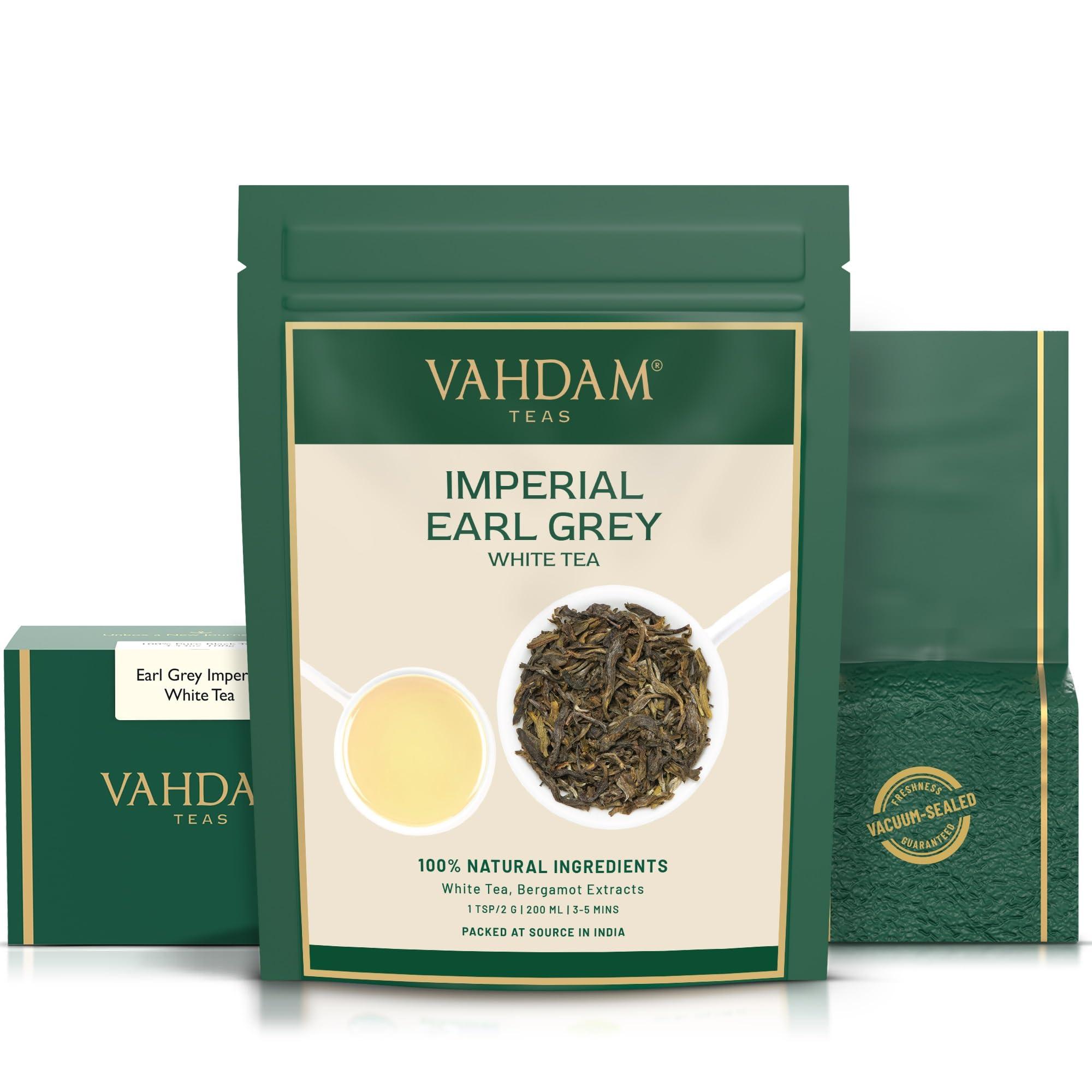 VAHDAM VAHDAM, Earl Grey Imperial White Tea Loose Leaf (25 Cups/1.76oz) High Elevation Grown, White Tea Loose Leaf Tea | Brew As Hot Tea Or Iced Tea | Pure Unblended Loose Leaf Tea | Vacuum Sealed