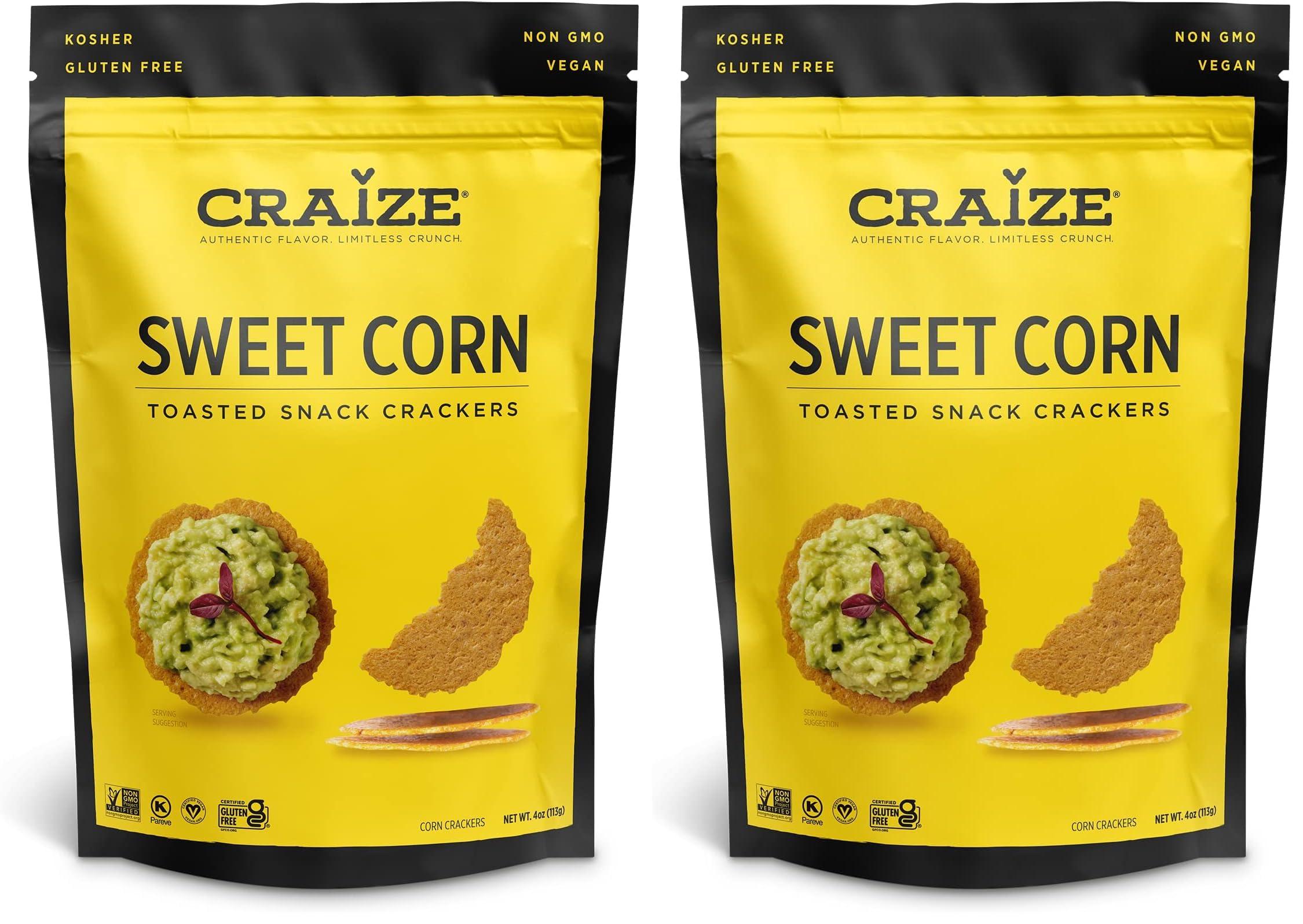 Craize Craize Sweet Corn Crisps | Gluten Free, Vegan, Kosher, Toasted Corn Crackers | 4 oz each (Pack of 2)